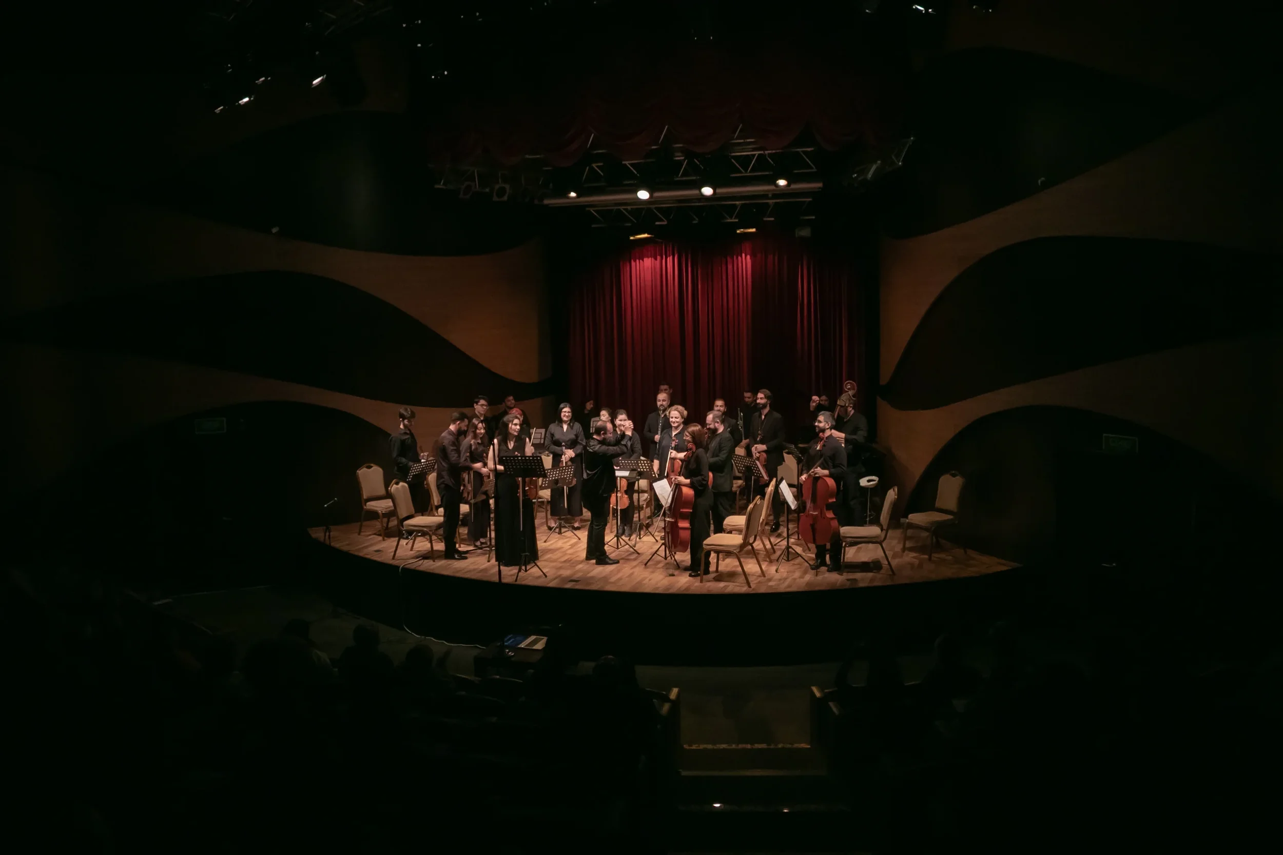 A symphony orchestra on stage in a concert hall, with musicians holding various instruments, standing and preparing to perform, against a backdrop of a red curtain, with dark lighting highlighting the stage.