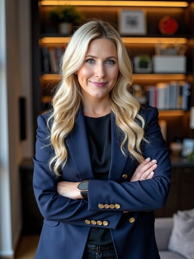 Smiling woman with long blonde hair wearing a brown blazer over a white shirt