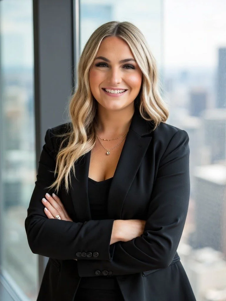 Smiling woman with long blonde hair seated indoors, wearing a black jacket, with a lamp in the background.