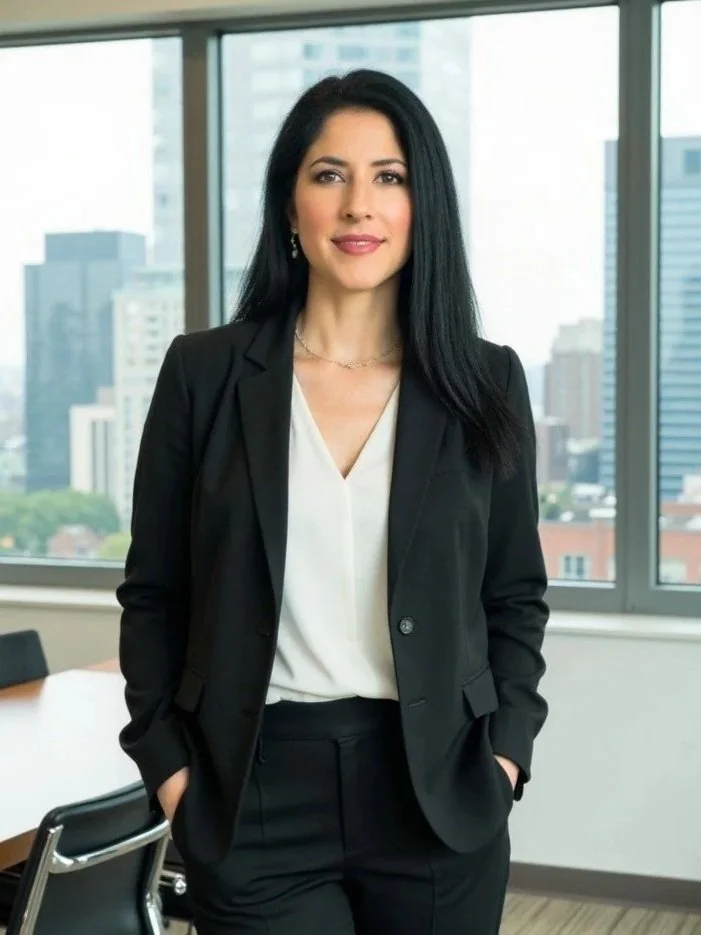 Person with long dark hair wearing a black outfit and a silver necklace, smiling while sitting indoors on a sofa.