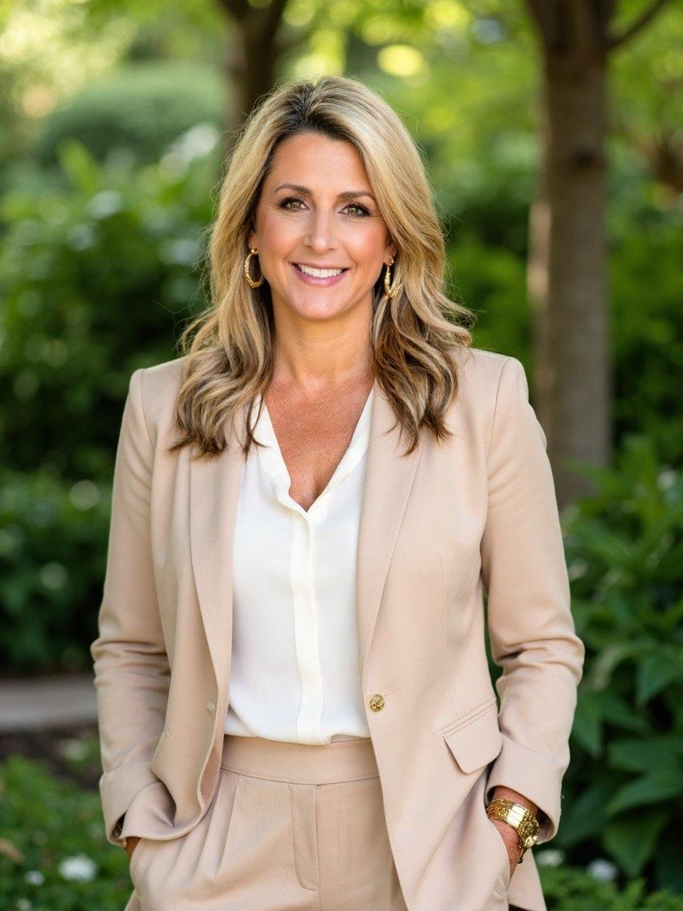 Stephanie Mooney poses next to a sign that says "Integrity Land Title" against a stone wall.