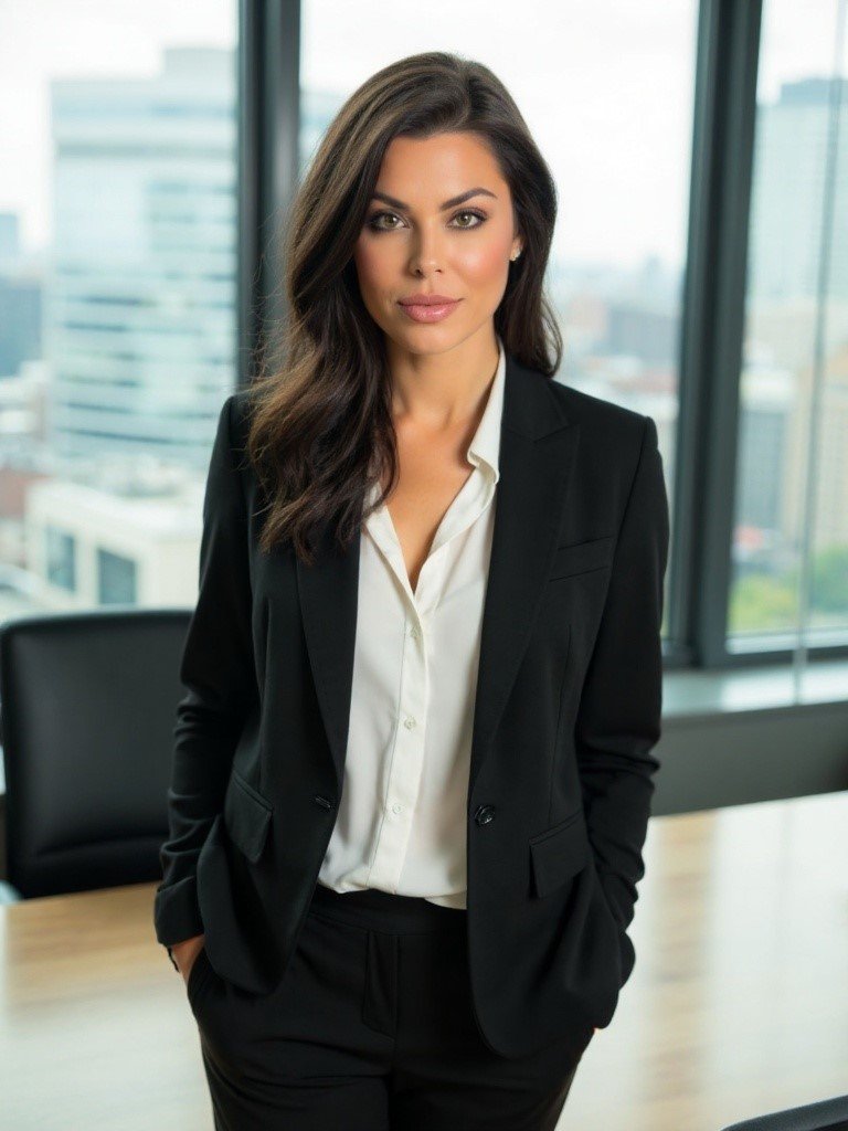 Portrait of a woman with long brown hair wearing a red blazer, red earrings, and a necklace.