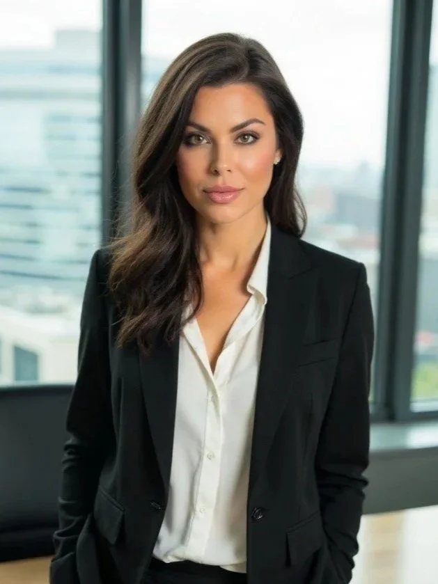 Portrait of a woman with long brown hair wearing a red blazer, red earrings, and a necklace.