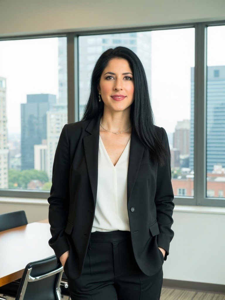Person with long dark hair wearing a black outfit and a silver necklace, smiling while sitting indoors on a sofa.