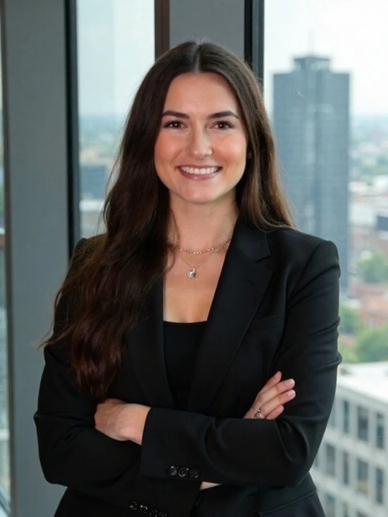 Smiling person with long brown hair wearing a black shirt, sitting indoors.