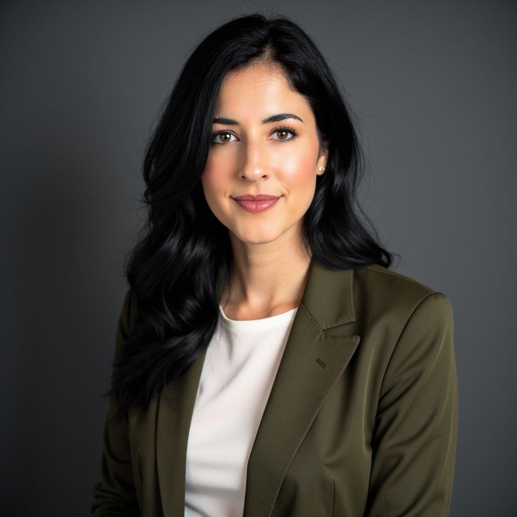 Person with long dark hair wearing a black outfit and a silver necklace, smiling while sitting indoors on a sofa.