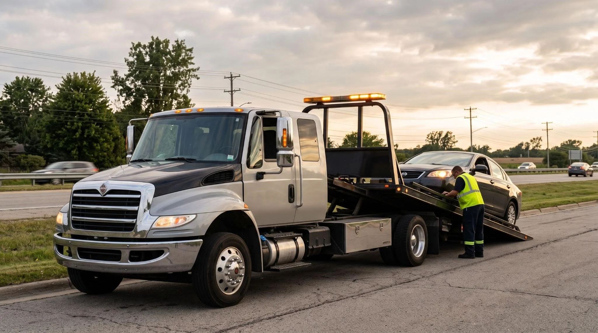 A flatbed tow truck with amber flashing lights on the side of a highway loading a stranded sedan, with a worker in a safety vest helping.
