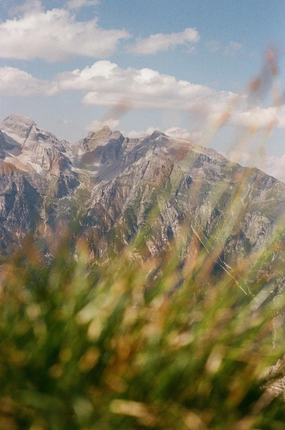 Montagne con cielo nuvoloso e erba in primo piano