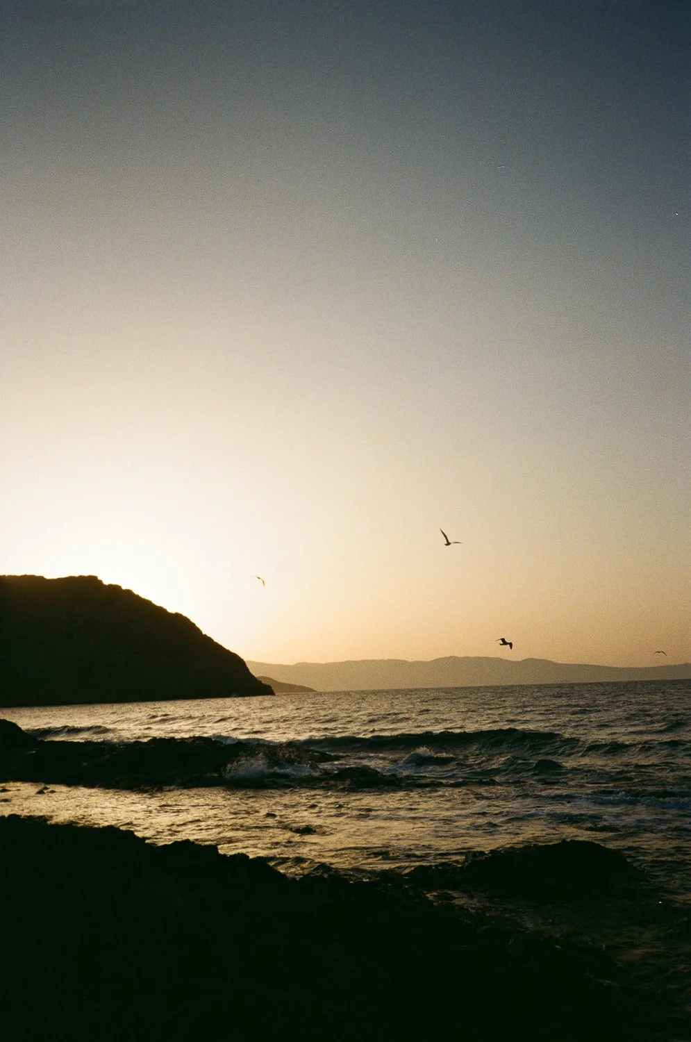 Spiaggia al tramonto con acque calmate, colline sullo sfondo, uccelli che volano nel cielo e luce calda del sole che si abbassa.