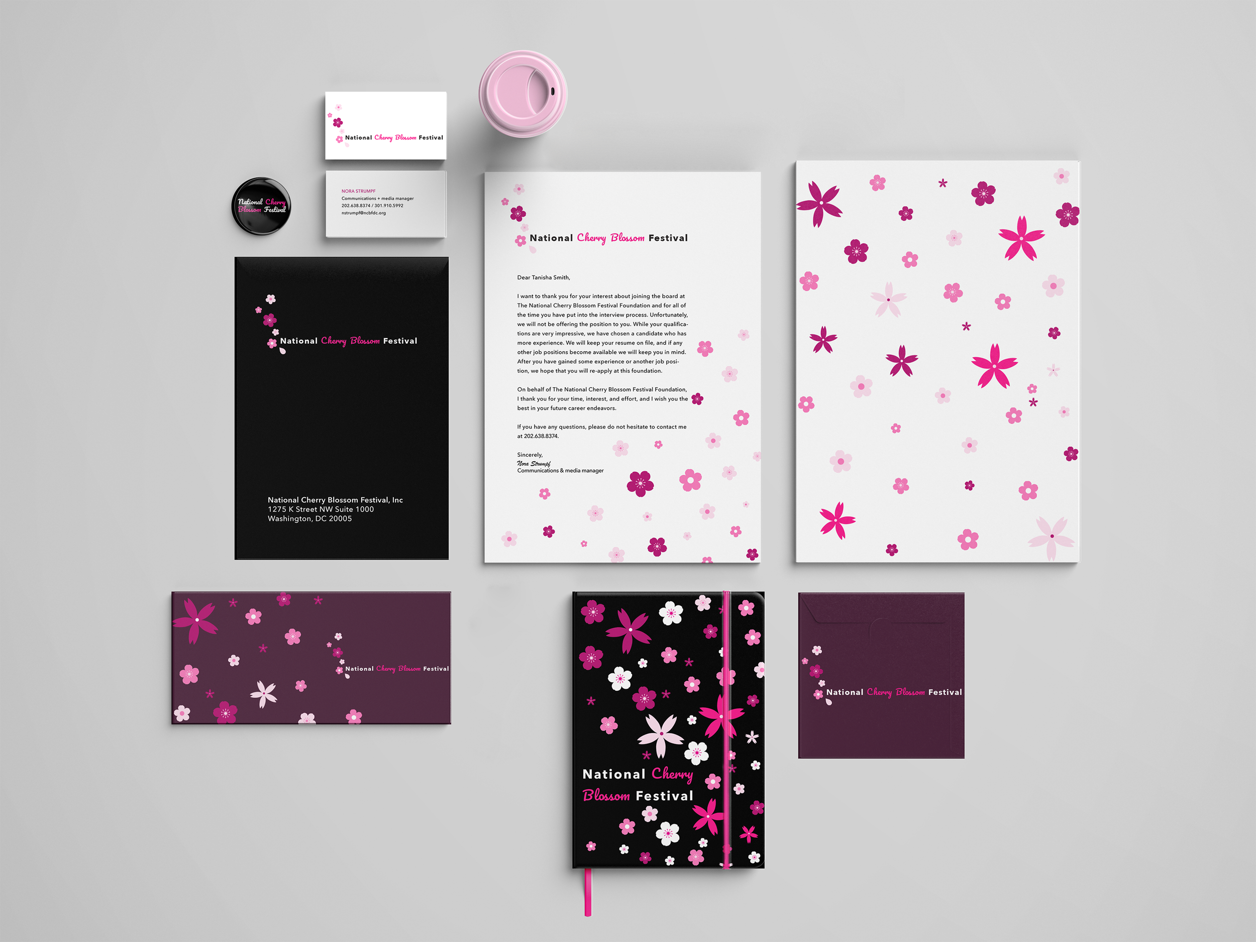 Digital stationery for the event, showing cherry blossoms on letterheads, cards, and books.