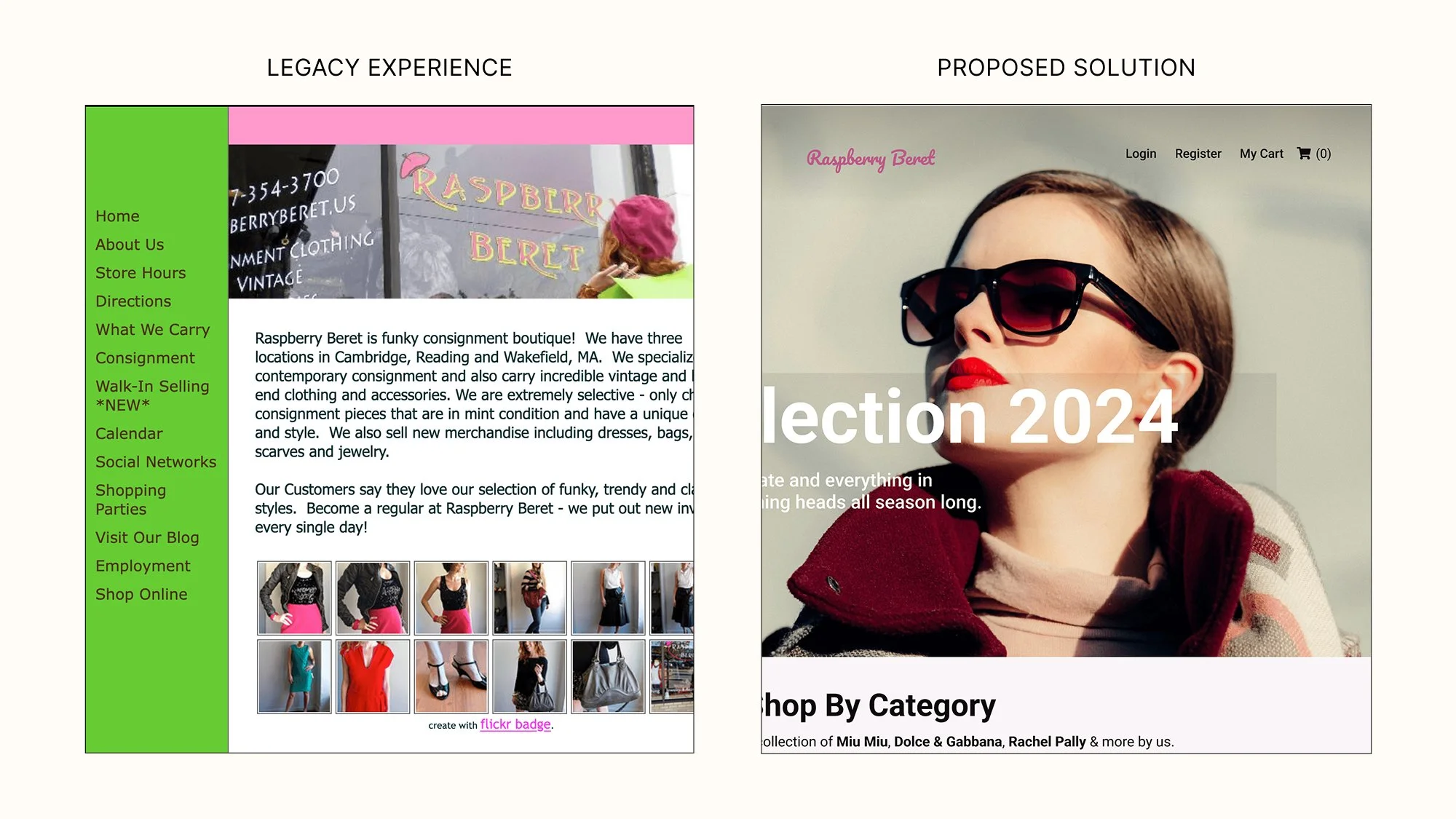 Split-screen Comparison: Raspberry Beret legacy website vs. modern redesign concept with high-impact photography