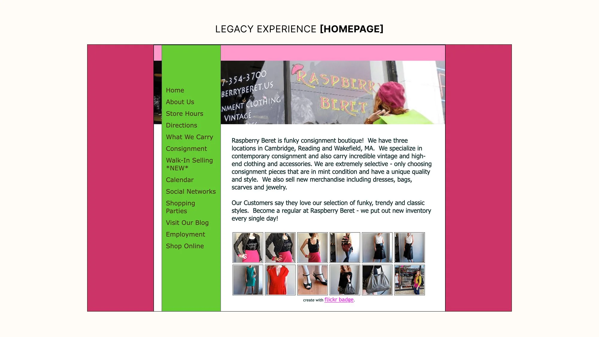 Legacy Homepage: Old Raspberry Beret website featuring a bright green sidebar menu and a text-heavy center column