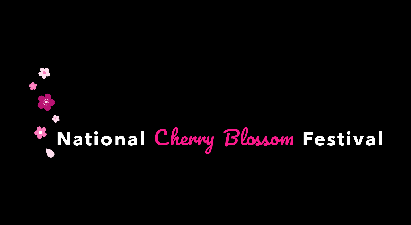 Final logo and branding for the National Cherry Blossom Festival, featuring pink cherry blossoms on a dark background.