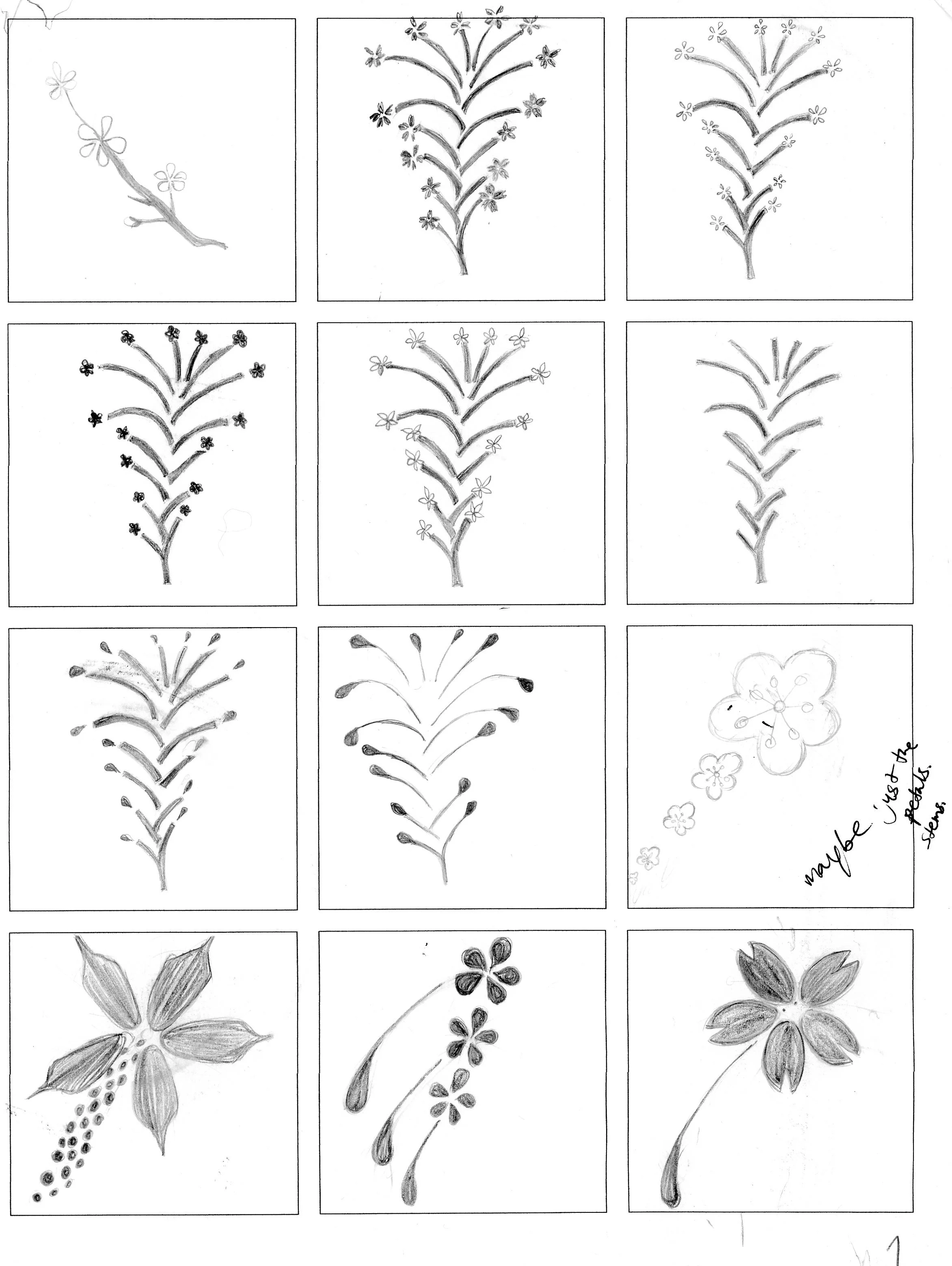 Pencil sketch of Cherry Blossoms and fireworks