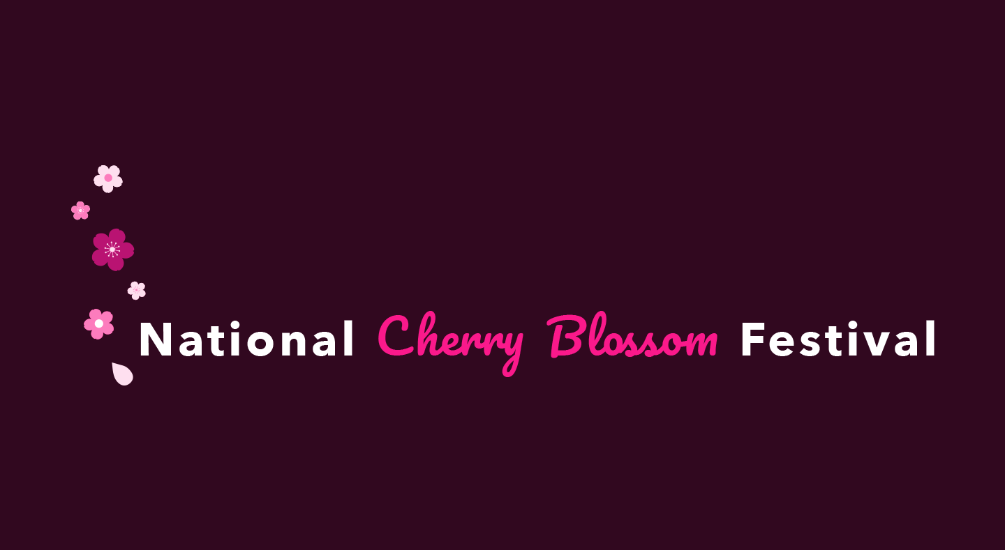 Final logo and branding for the National Cherry Blossom Festival, featuring pink cherry blossoms on a burgundy background.