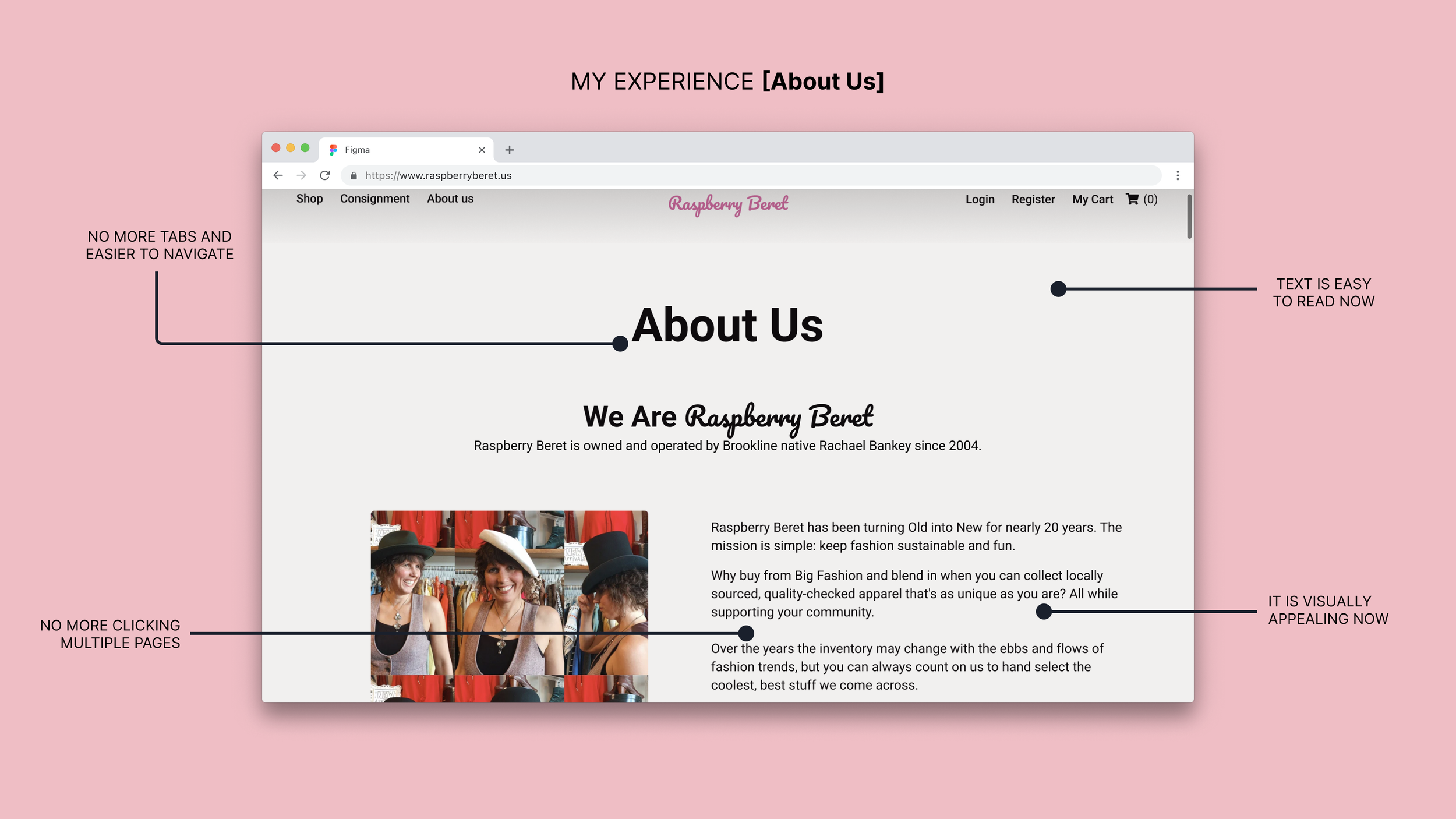Screenshot of new raspberry beret about page