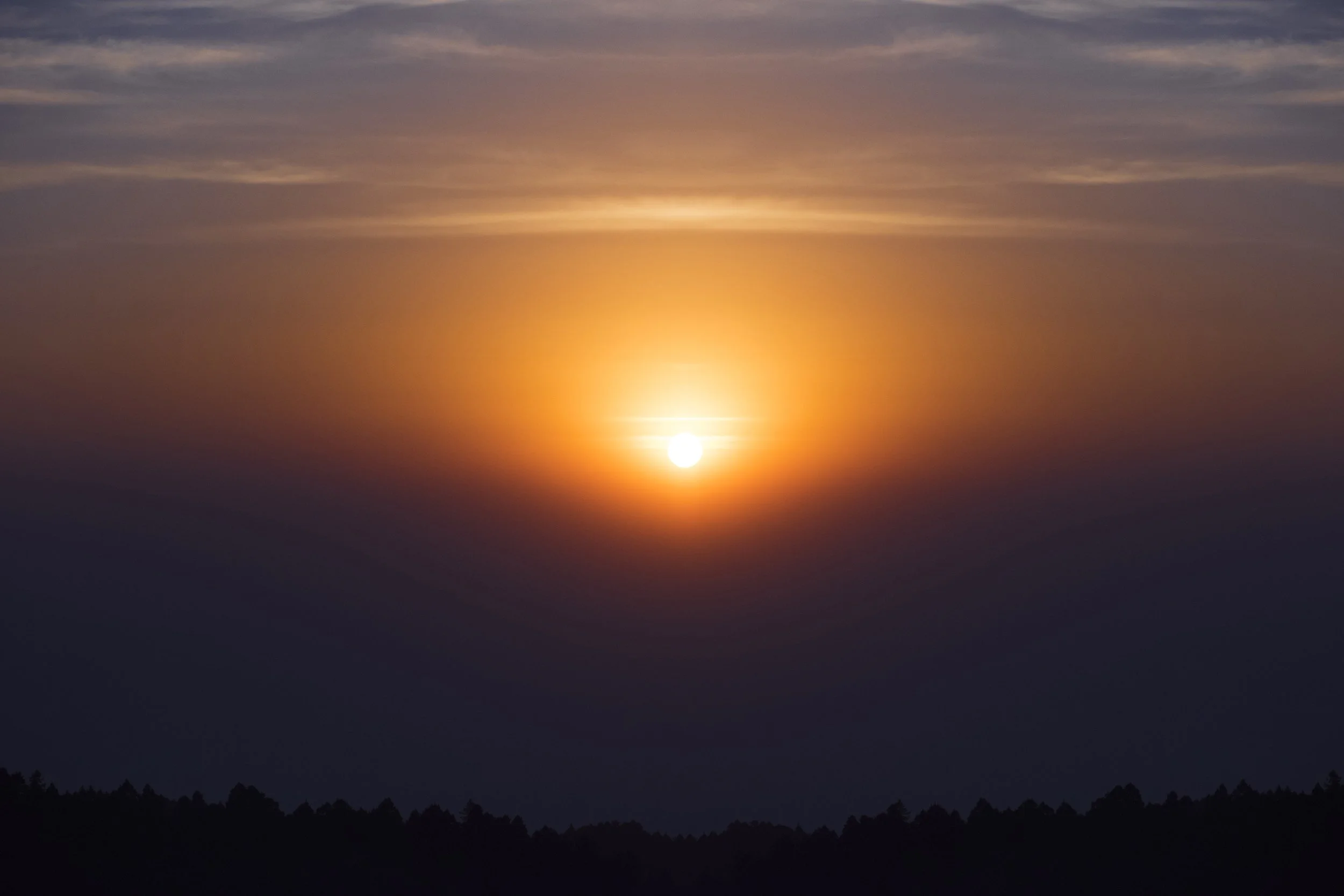 Landscape photograph capturing a bright, symmetrical sunset in orange tones over the dark silhouette of a forest on the horizon.