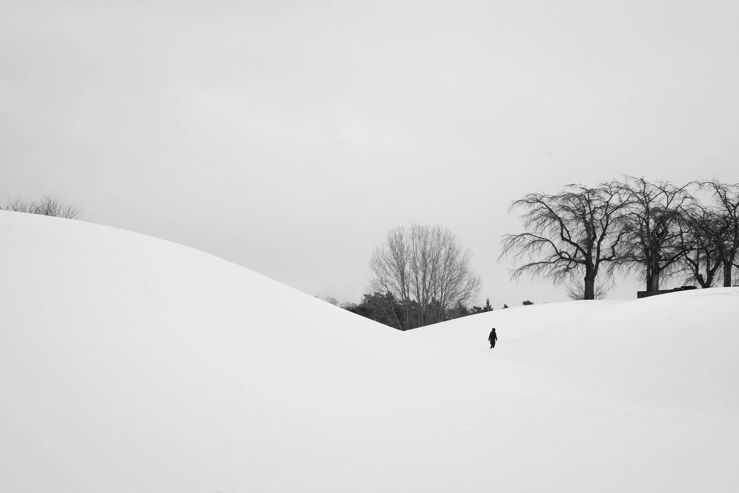 Black and white winter landscape photograph of a solitary figure walking among vast snow dunes, embodying silence as a deafening force of nature.