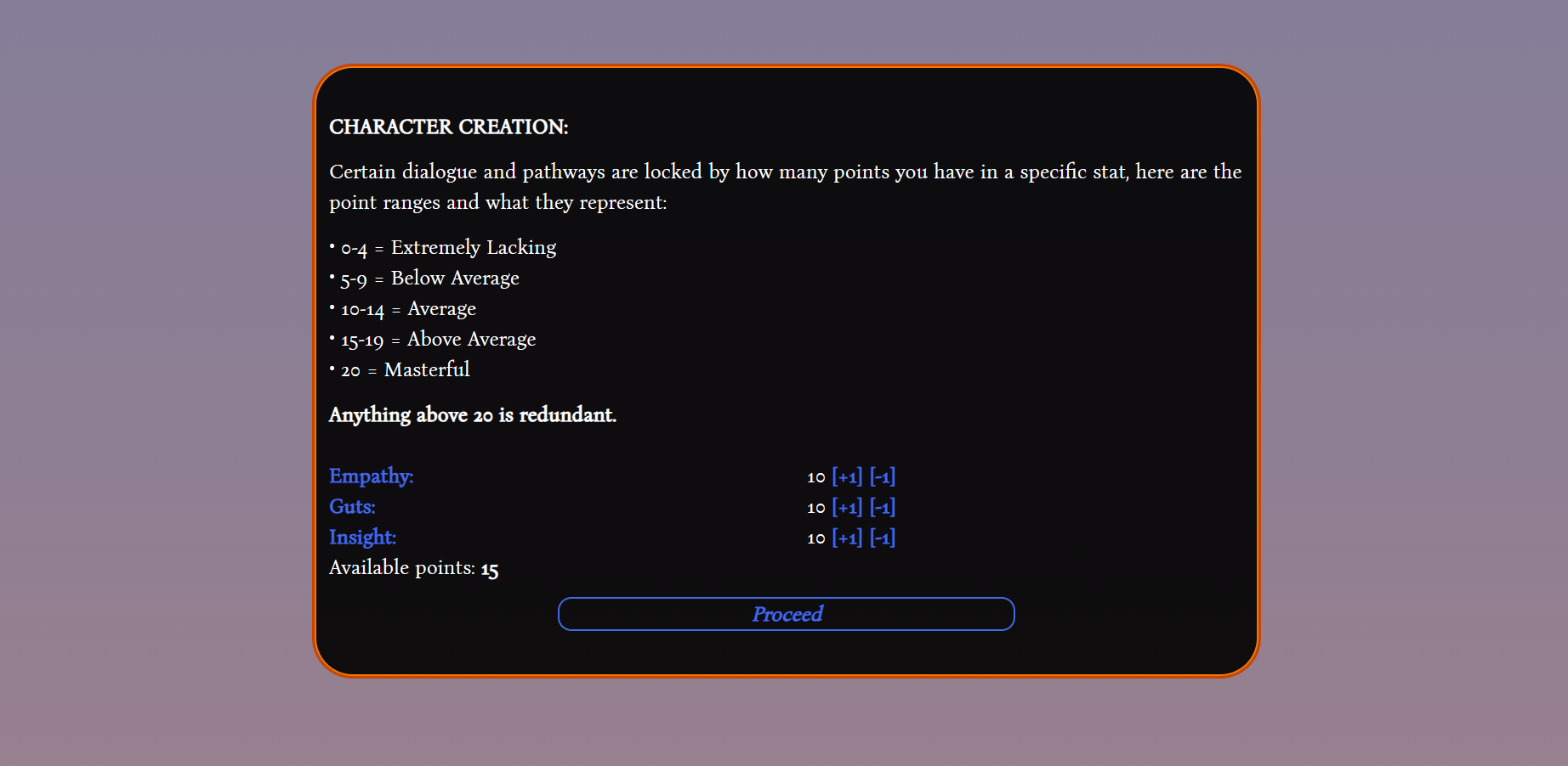 Character Creation Table