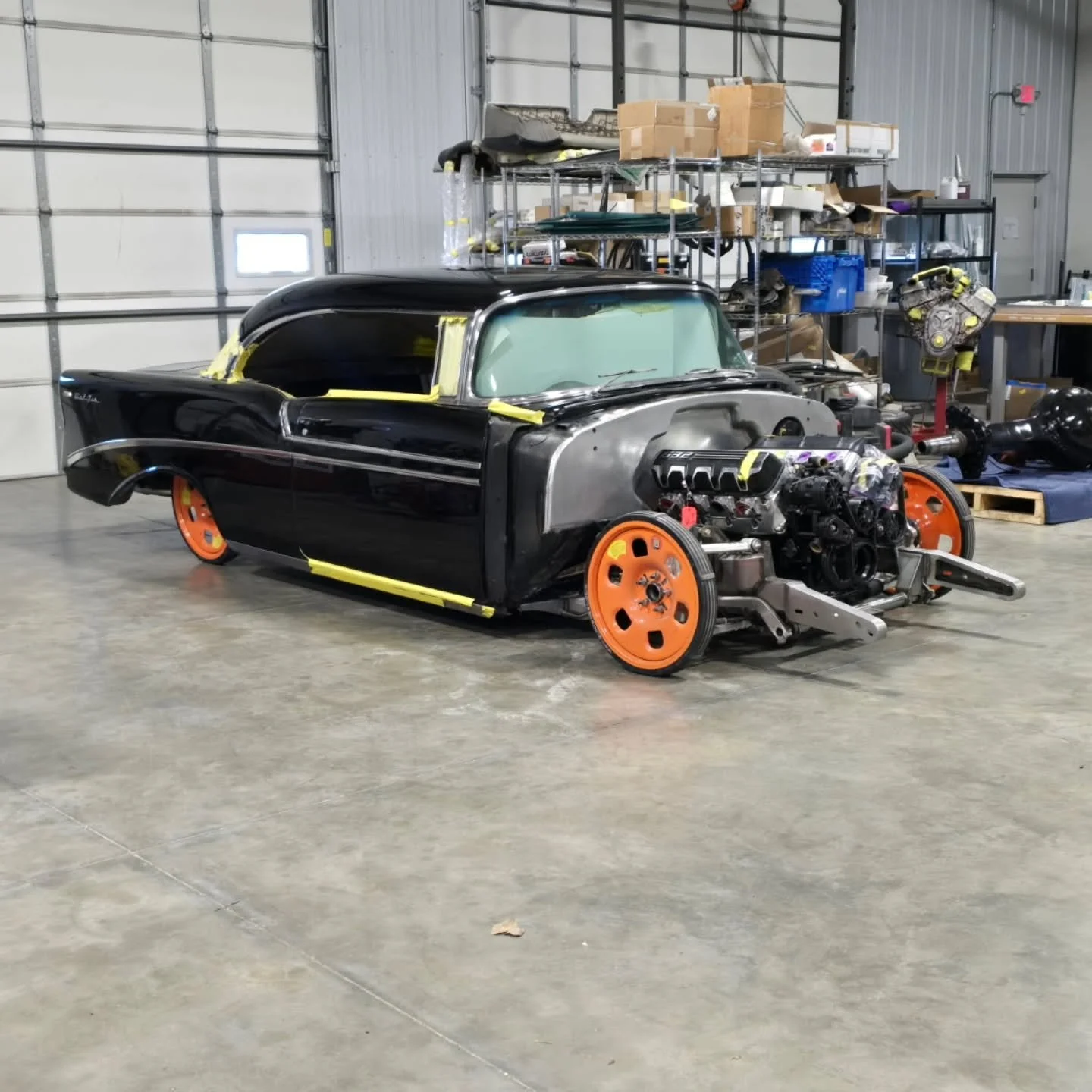 Kilby's '56 is now sitting on a @roadstershop elite series fast track chassis with the big 632 BBC (big black chevy) shoe horned into place. You have NO IDEA how much cutting was done to make this monster fit. #Chevy #BBC #billetboner #badasscars @je