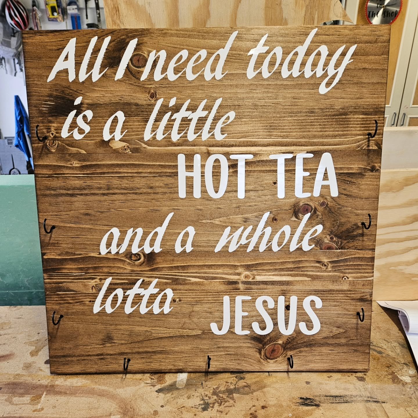 Sweet (not so) little mug holder / sign ready for delivery.
I'm more of a coffee drinker myself, but I can't argue about needing Jesus!
#signs #hottea #coffee #mugholder #woodworking #vinyl