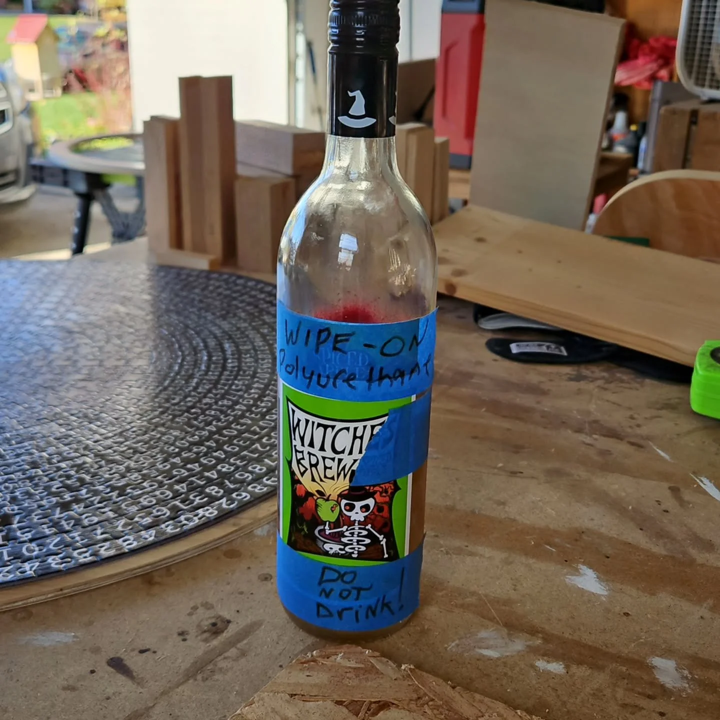 When you repurpose bottles for making your own wood finish......you can't be too safe!

#repurposing #finishing #woodworking #brew #diy