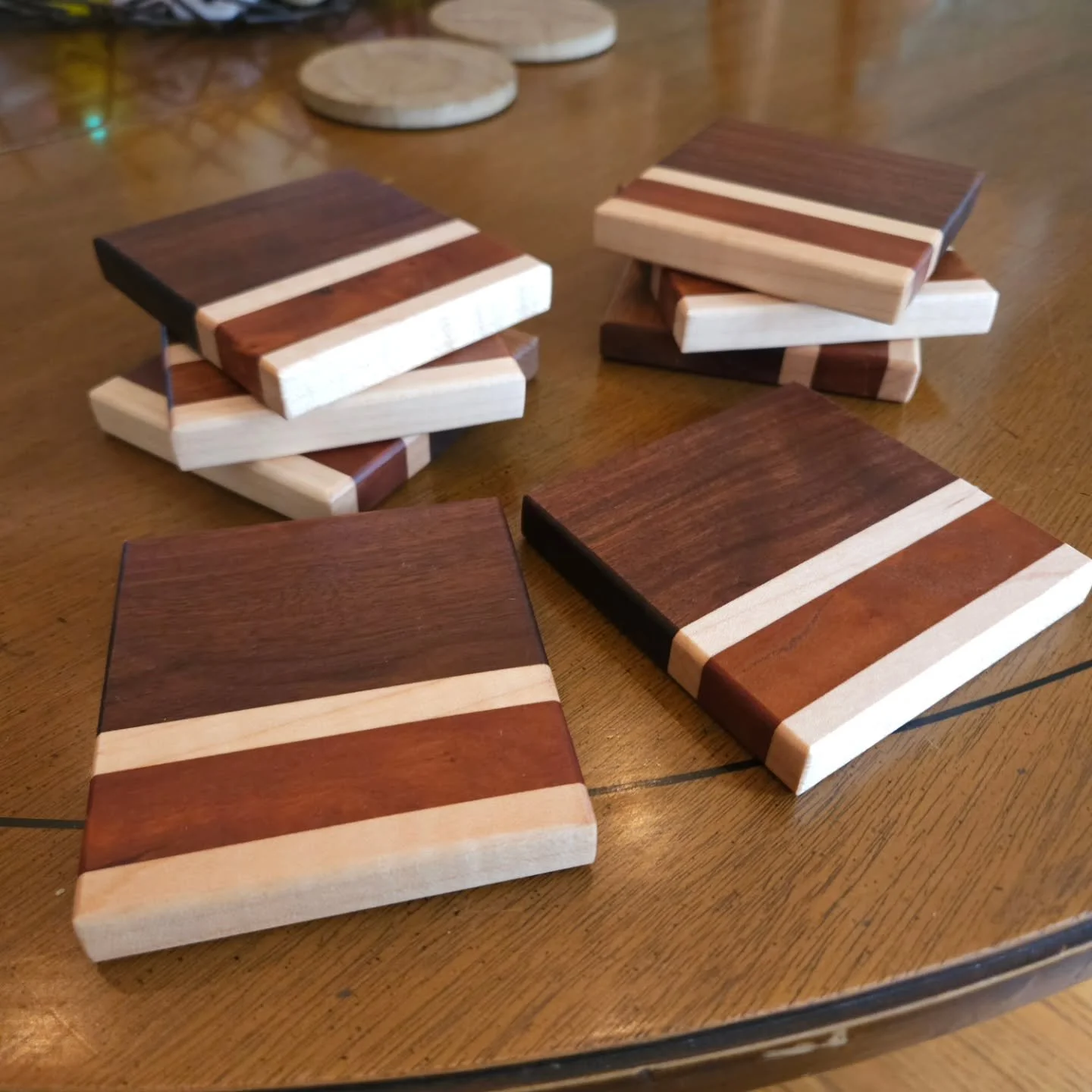 Felt the need for a quick creative project in between commission builds. I'm really liking how these coasters turned out. 

Now available on our website! 
https://www.martinmadellc.com/shop/p/ppx78deumlylj9186wao792hveix5q

#woodworking #homedecor #h