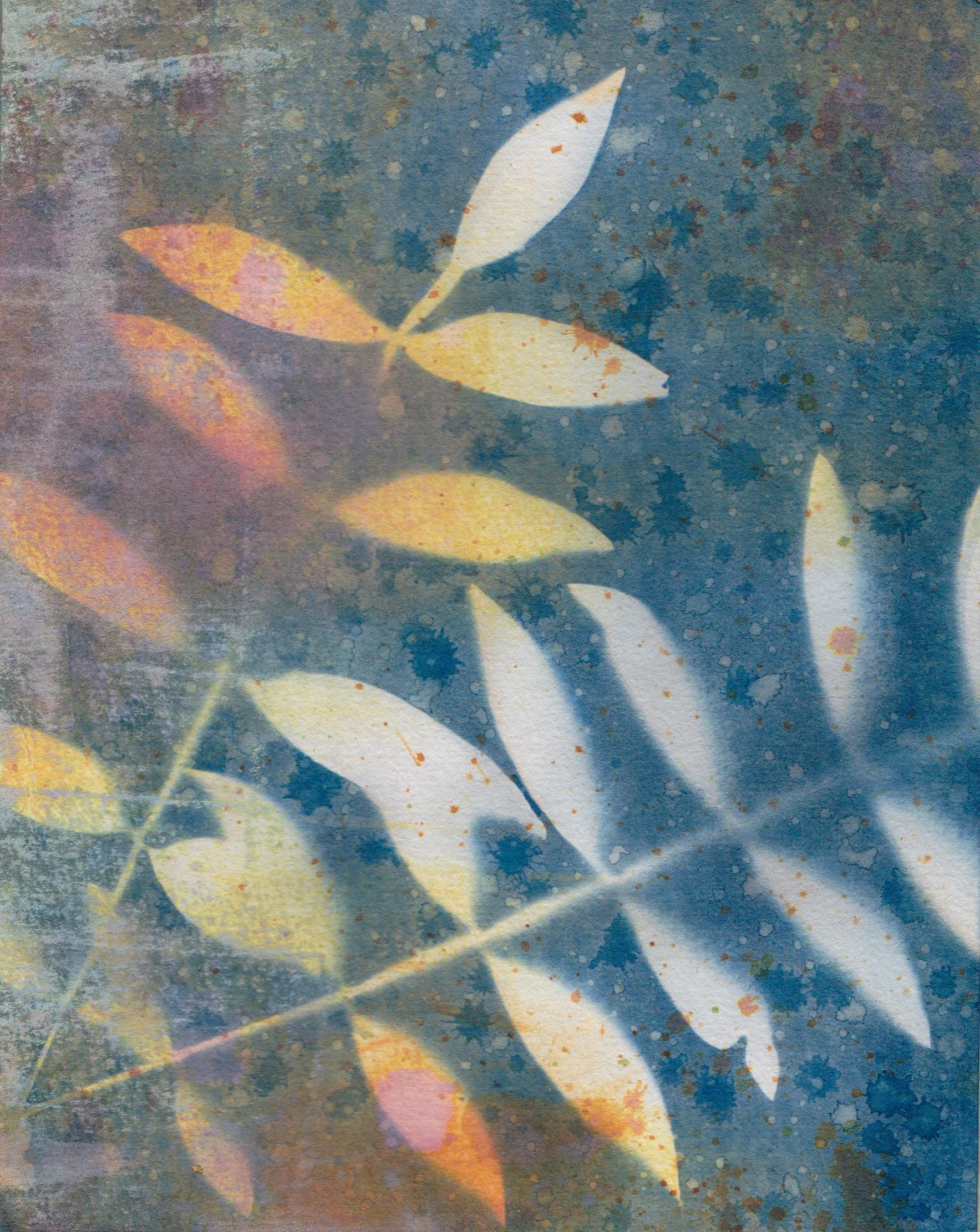Abstract watercolor-style painting of various leaves in shades of yellow, orange, and white against a textured blue background.
