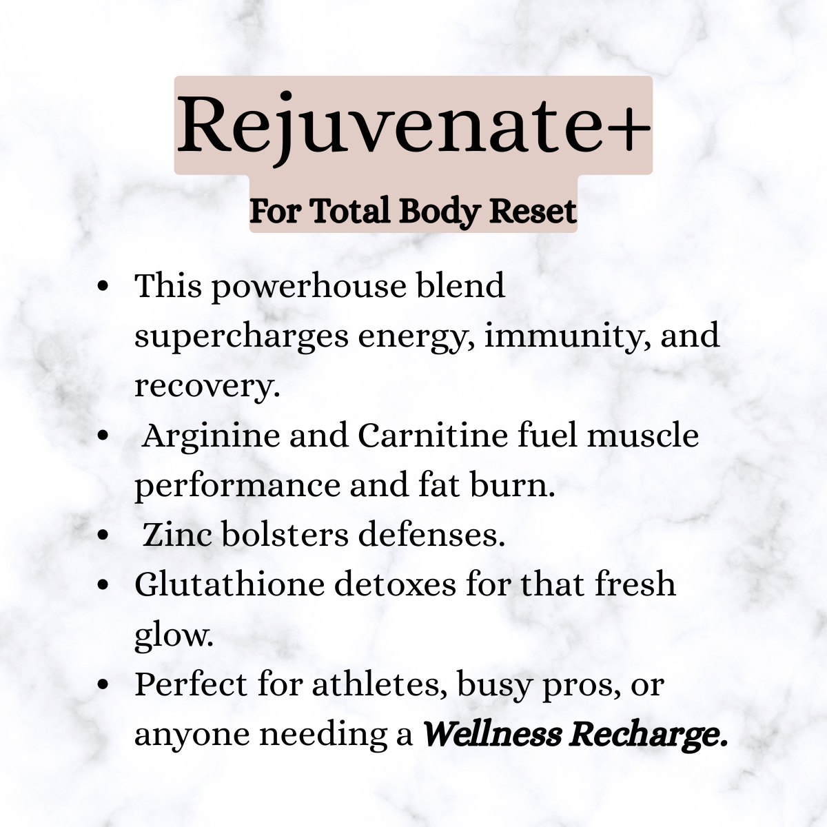 Rejuvenate+ with benefits listed, including energy, immunity, recovery, muscle performance, fat burn, defenses, detox, and suitability for athletes and busy professionals. IV Therapy