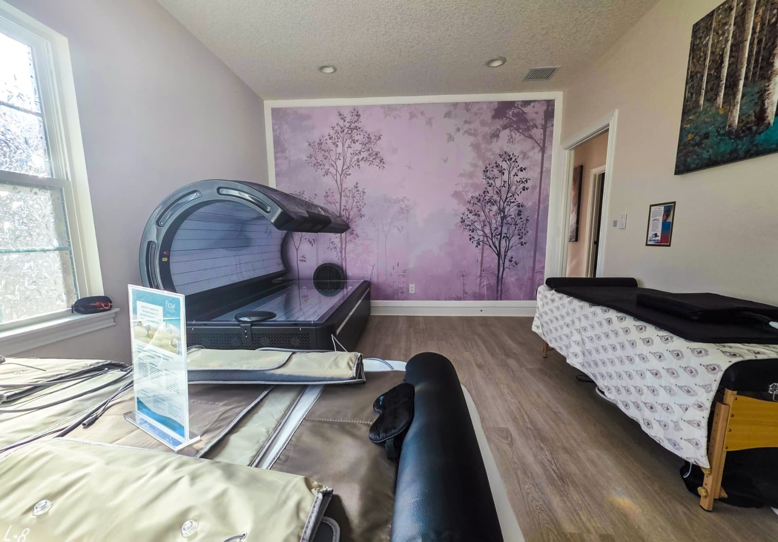 Indoor room with a purple forest mural on the back wall, a whole body red light therapy bed, a PEMF unit and a lymphatic drainage system