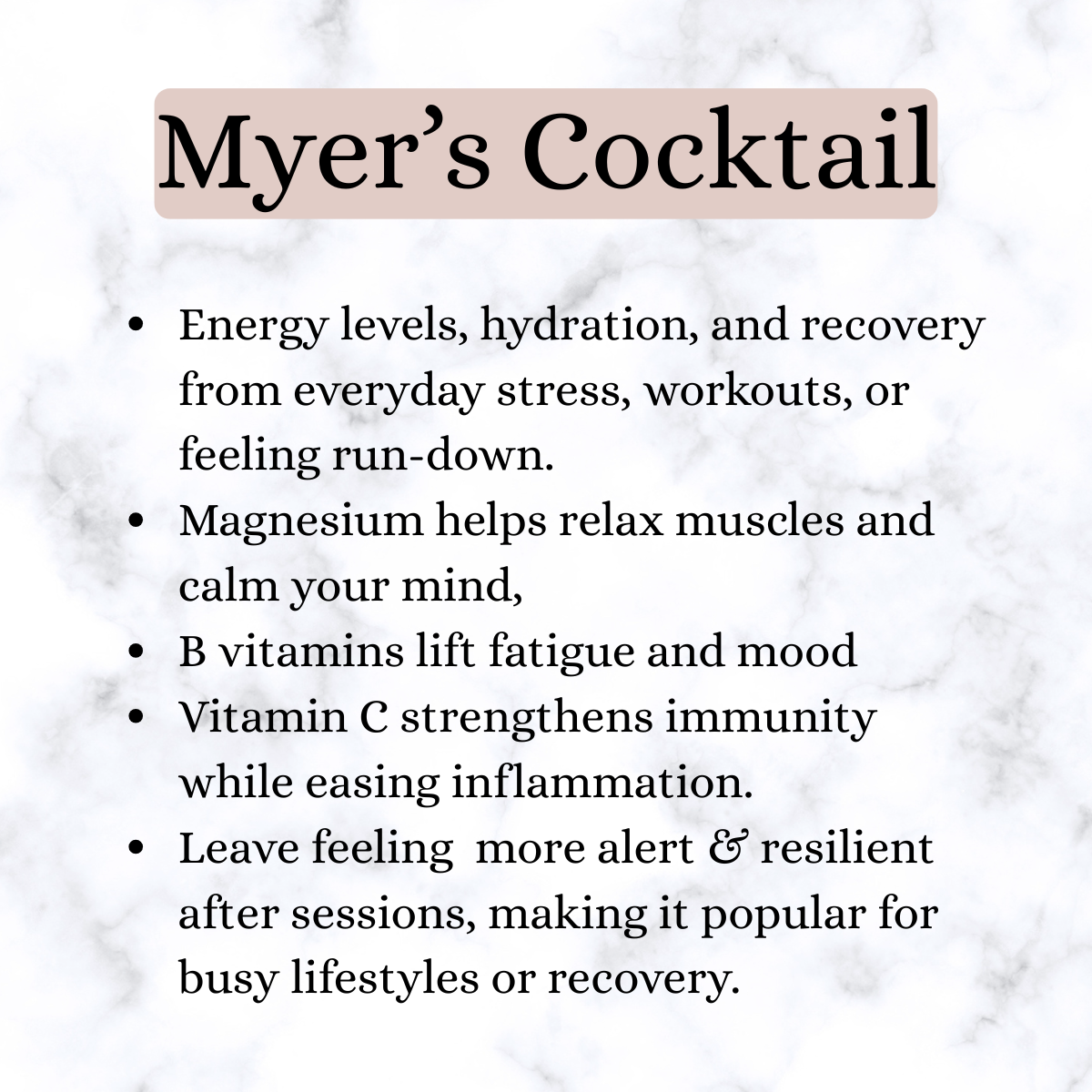 IV THERAPY: Myer's Cocktail: lists health benefits including improved energy, hydration, stress recovery, muscle relaxation, mood, immunity, and inflammation reduction through vitamins and magnesium.
