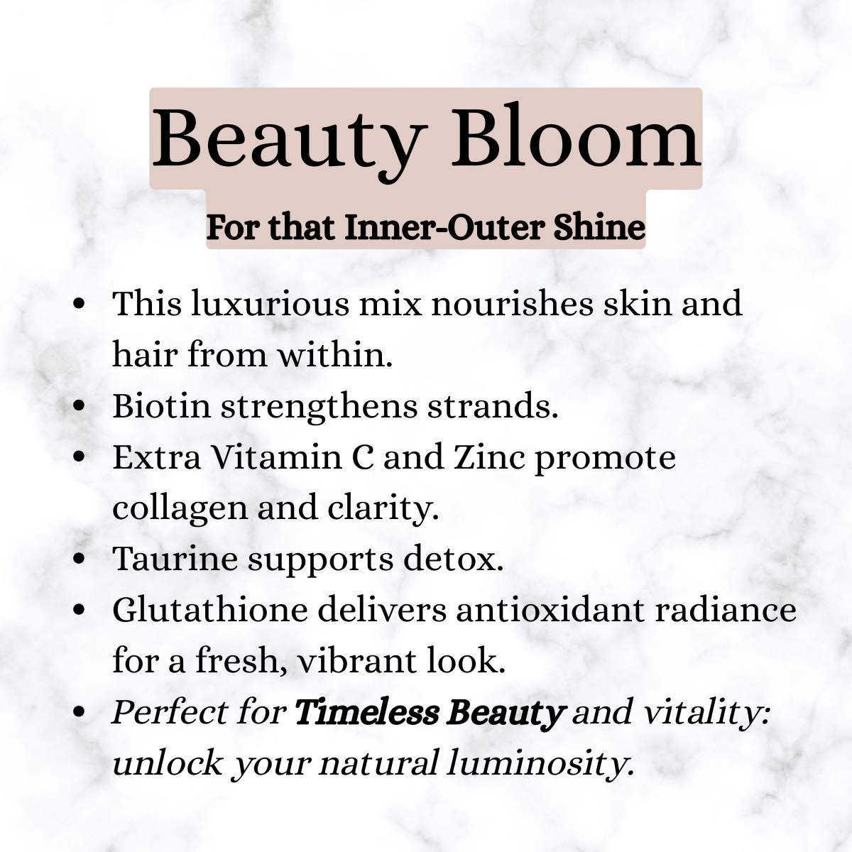 IV Therapy: Beauty Bloom. The ad highlights benefits like nourishing skin and hair, strengthening strands, promoting collagen and clarity, supporting detox, and delivering antioxidant radiance, with a focus on inner-outshine and timeless beauty.