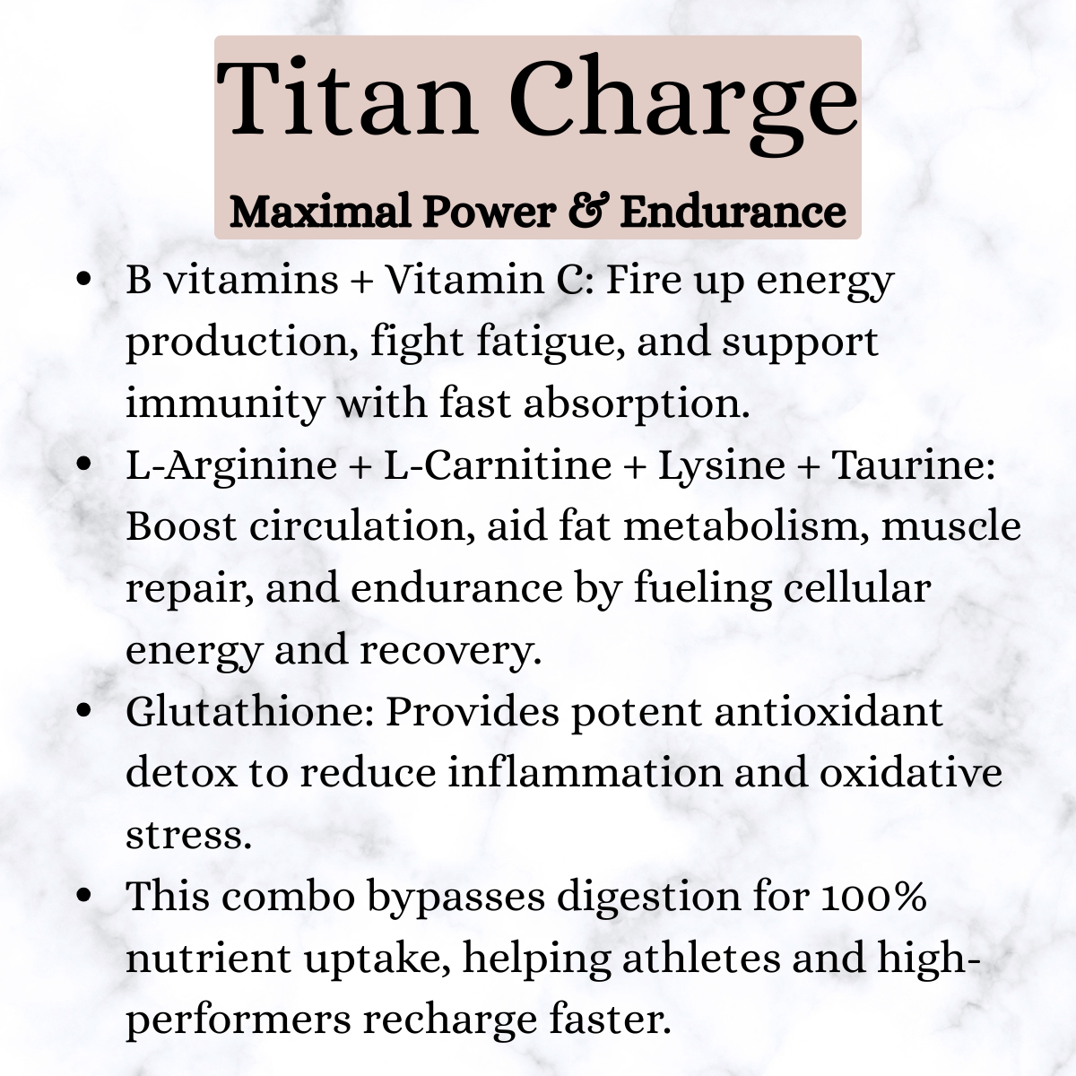 IV Therapy: Titan Charge: supplement highlighting benefits for energy, circulation, endurance, antioxidant activity, and nutrient absorption.