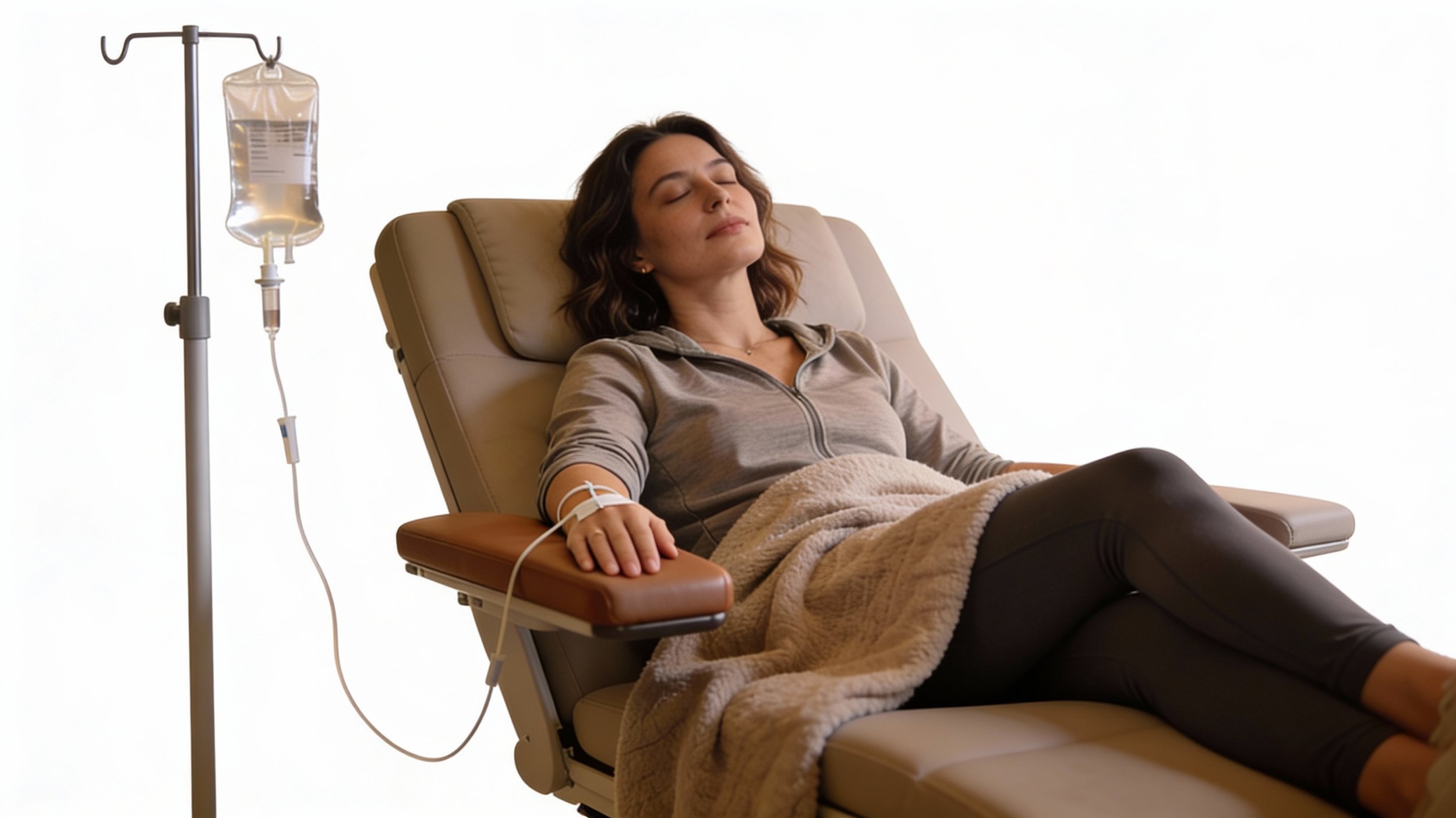 A woman is sitting in a medical recliner chair with her eyes closed, receiving intravenous fluids from a bag attached to a stand.