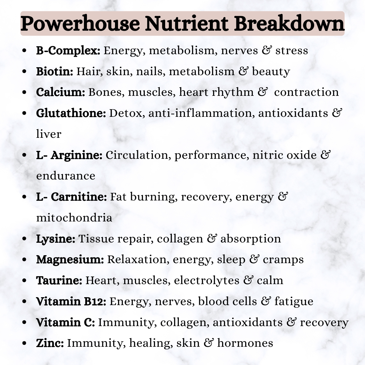 IV Therapy: Powerhouse Nutrient Breakdown:detailing various nutrients and their benefits, including B-Complex, Biotin, Calcium, Glutathione, L-Arginine, L-Carnitine, Lysine, Magnesium, Taurine, Vitamin B12, Vitamin C, and Zinc.