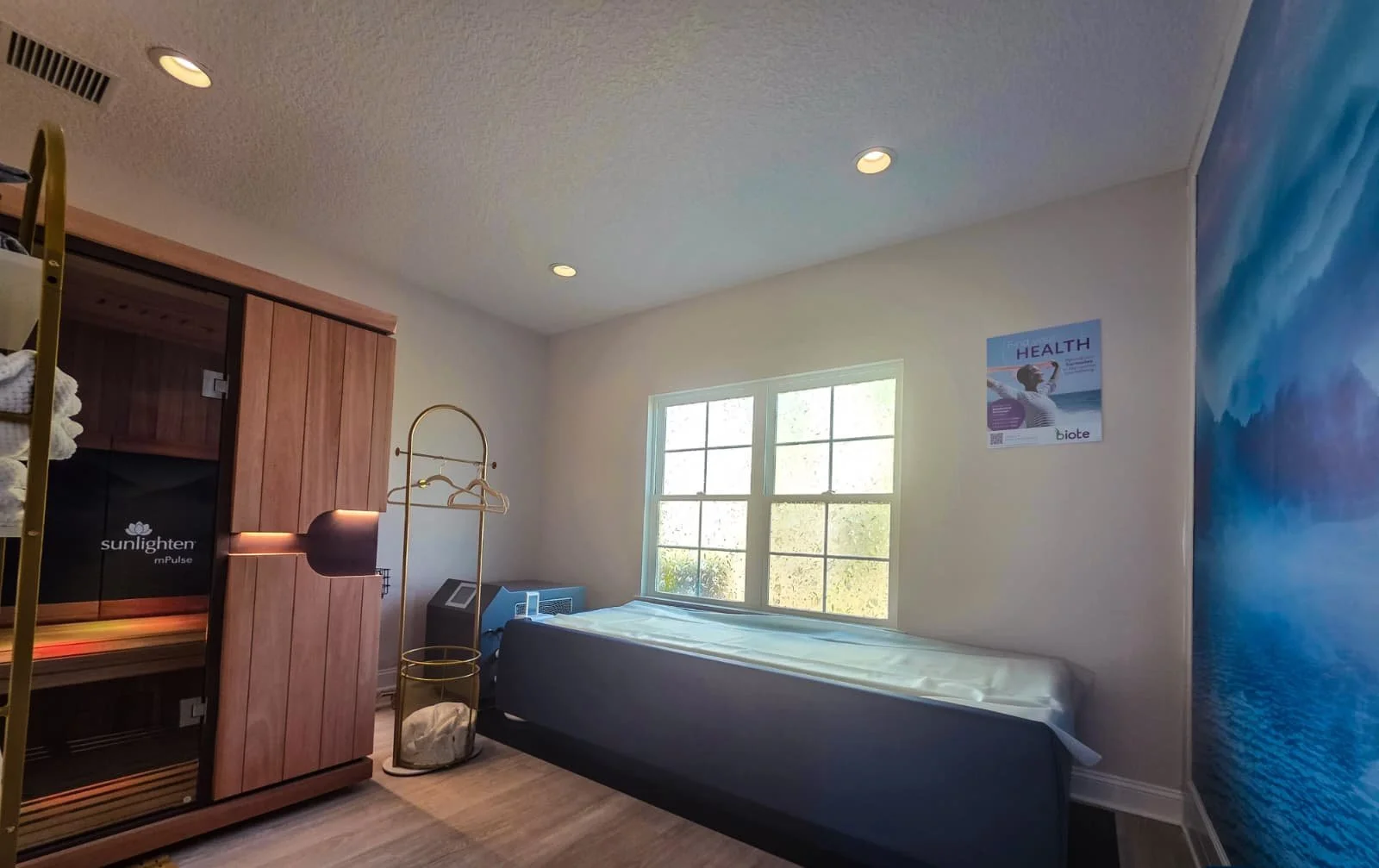 Sunlighten infrared sauna, cryo dryo float in a relaxing setting.