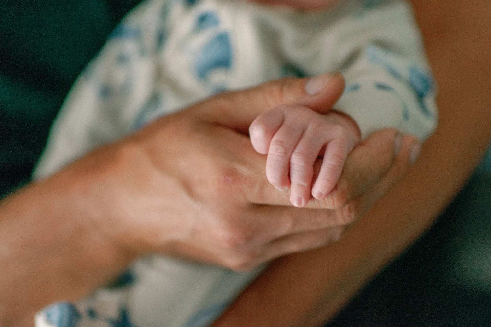 A close-up of an adult holding a baby’s hand.