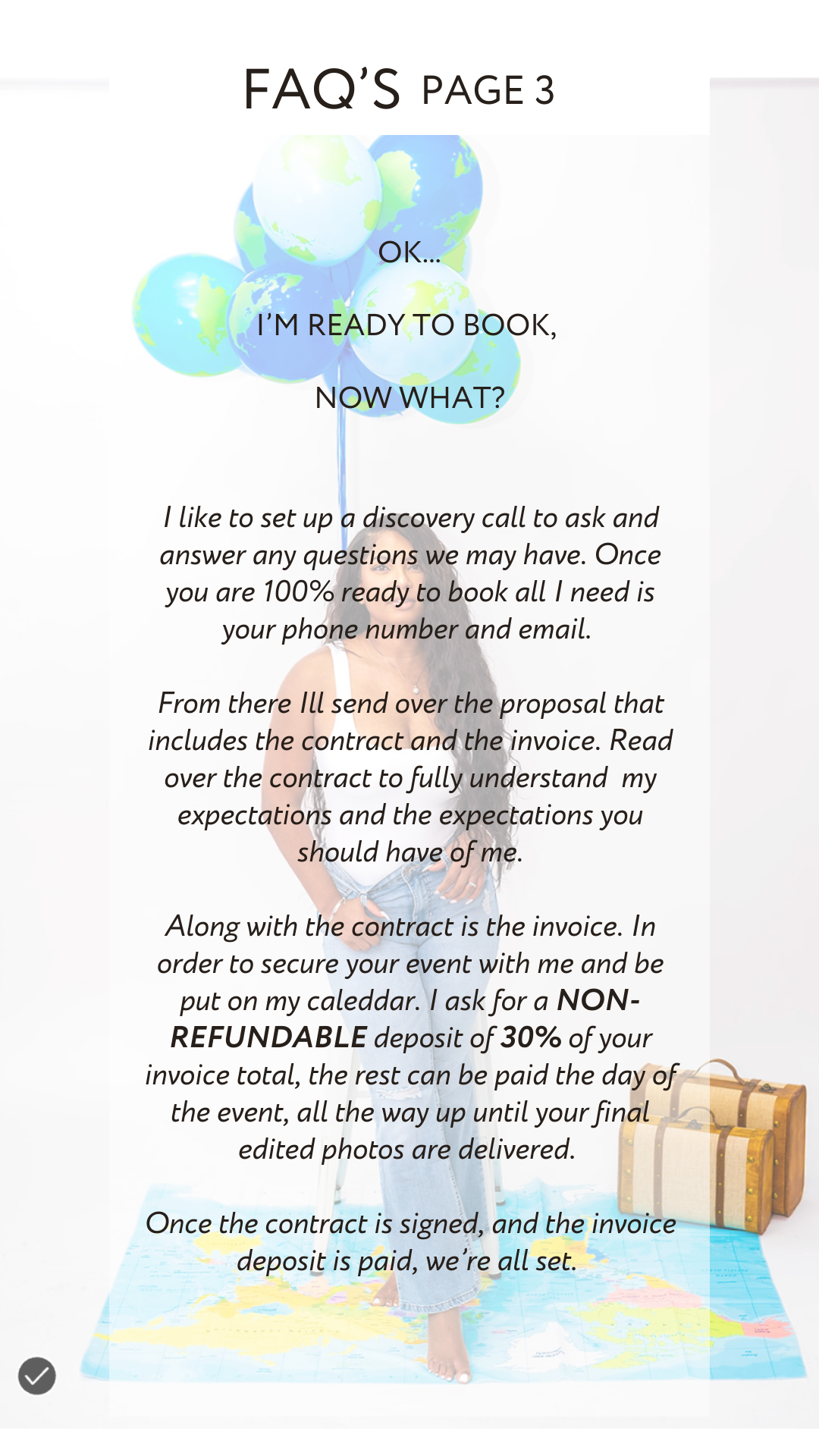 FAQ page with booking instructions, featuring globe balloons and travel theme decor