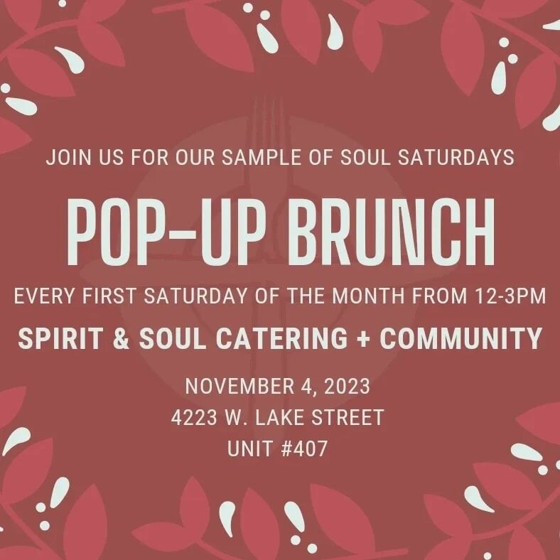 I'm so excited to get back to our double bubble weekends starting in November. Every 1st Saturday of the month is our Sample of Soul Saturdays Pop-Up Brunch, and on 1st Sundays we host Breaking Bread, our dinner church gatherings at Spirit &amp; Soul