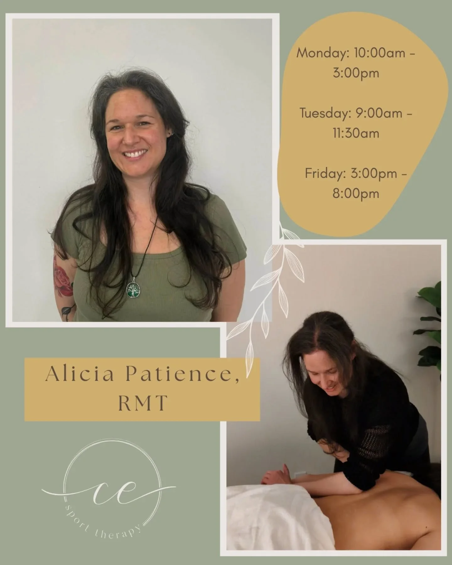 Ready to give your body the love and care it deserves??
Come see Alicia at CE!! 🤍💚🌿

Alicia specializes in stress relief, scar tissue treatment, and therapeutic massage for pain and injuries!

🌿 Click the link in our bio to book online or call us