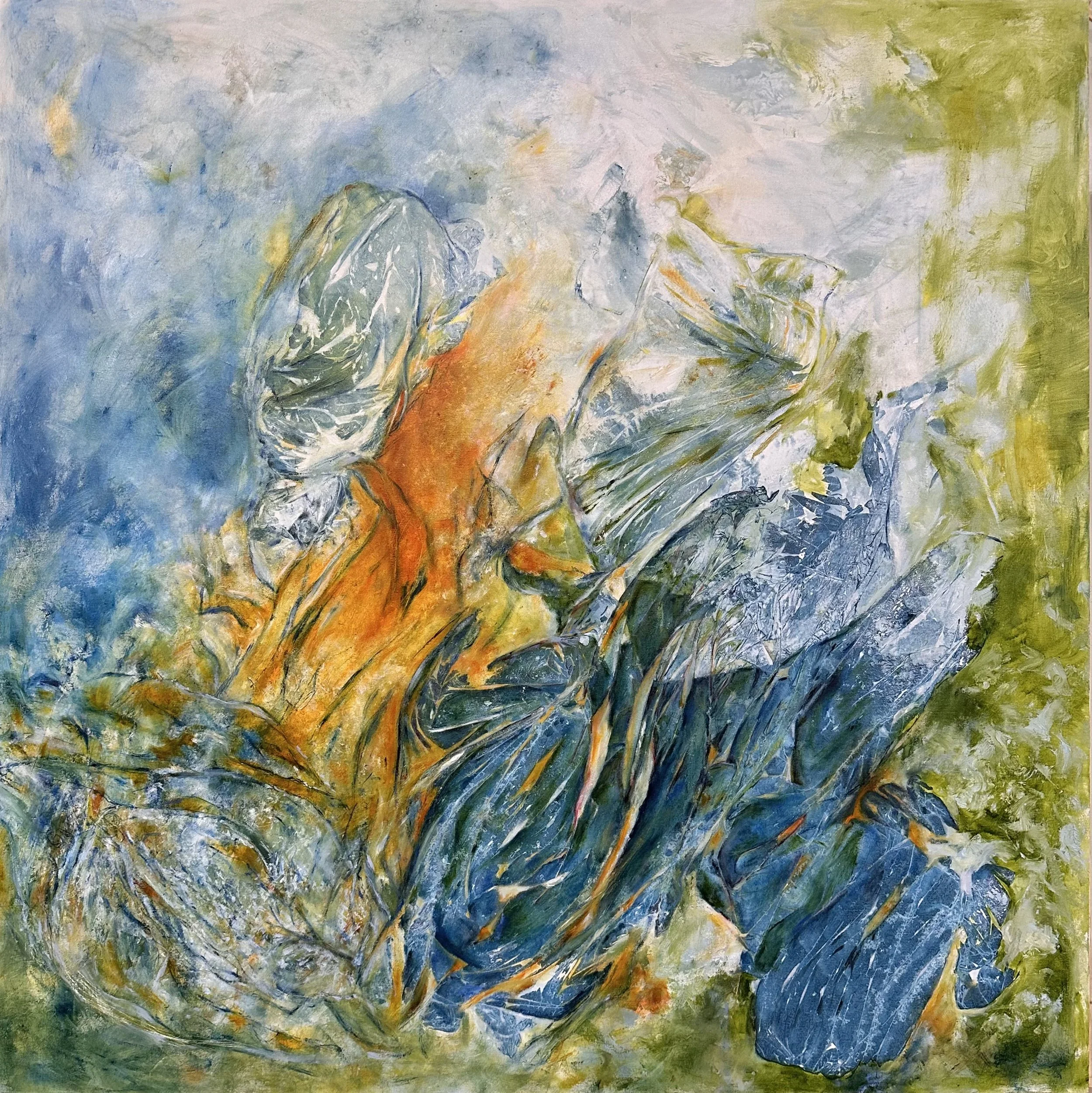 48 x 48" Oil Glazing on Acrylic Delicate insect wings dance through luminous garden light. Orange bursts meet atmospheric blues.