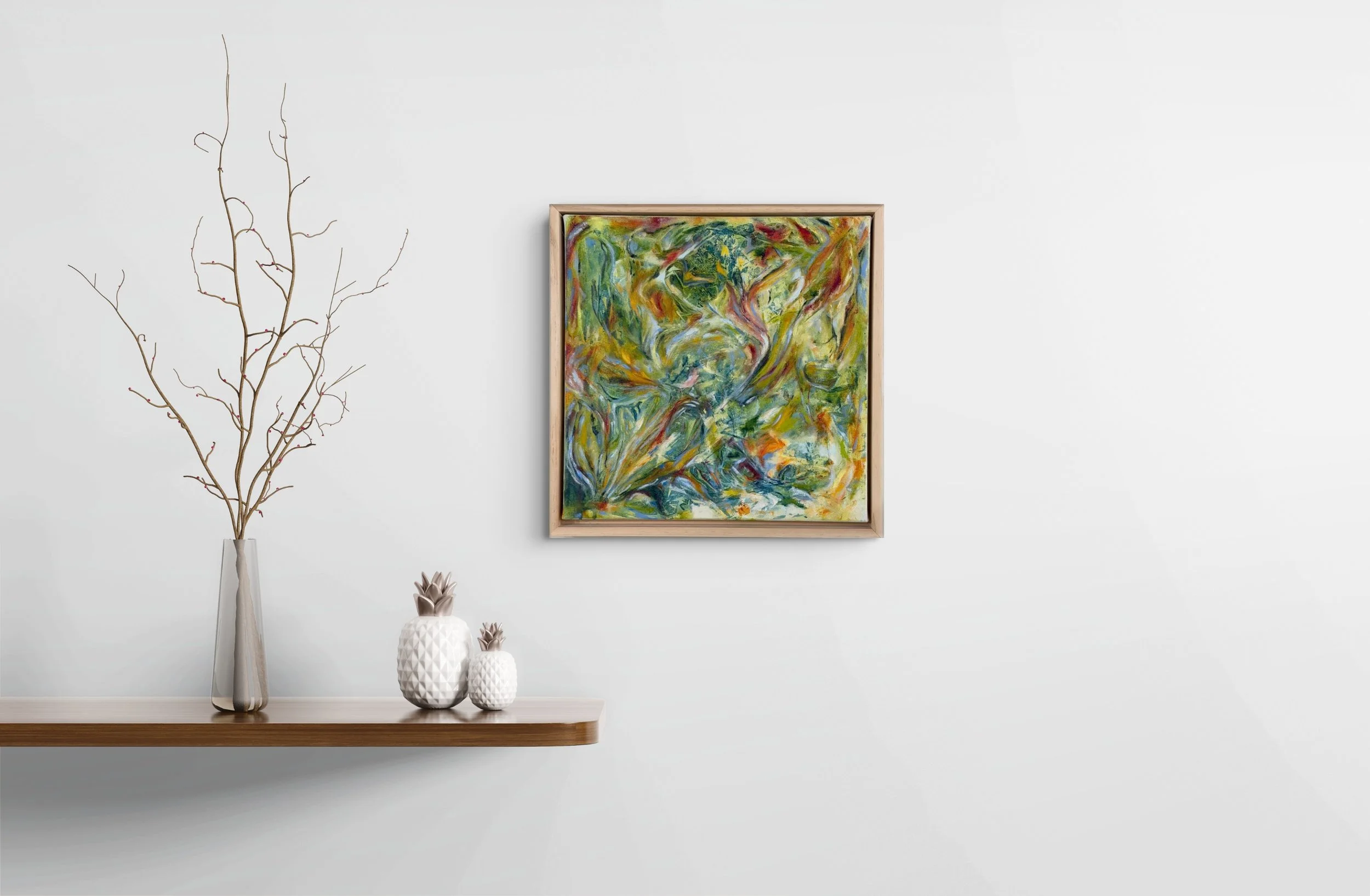 abstract painting full of movement in greens and ochres installed on a wall wih=th a grouping of vases beneath