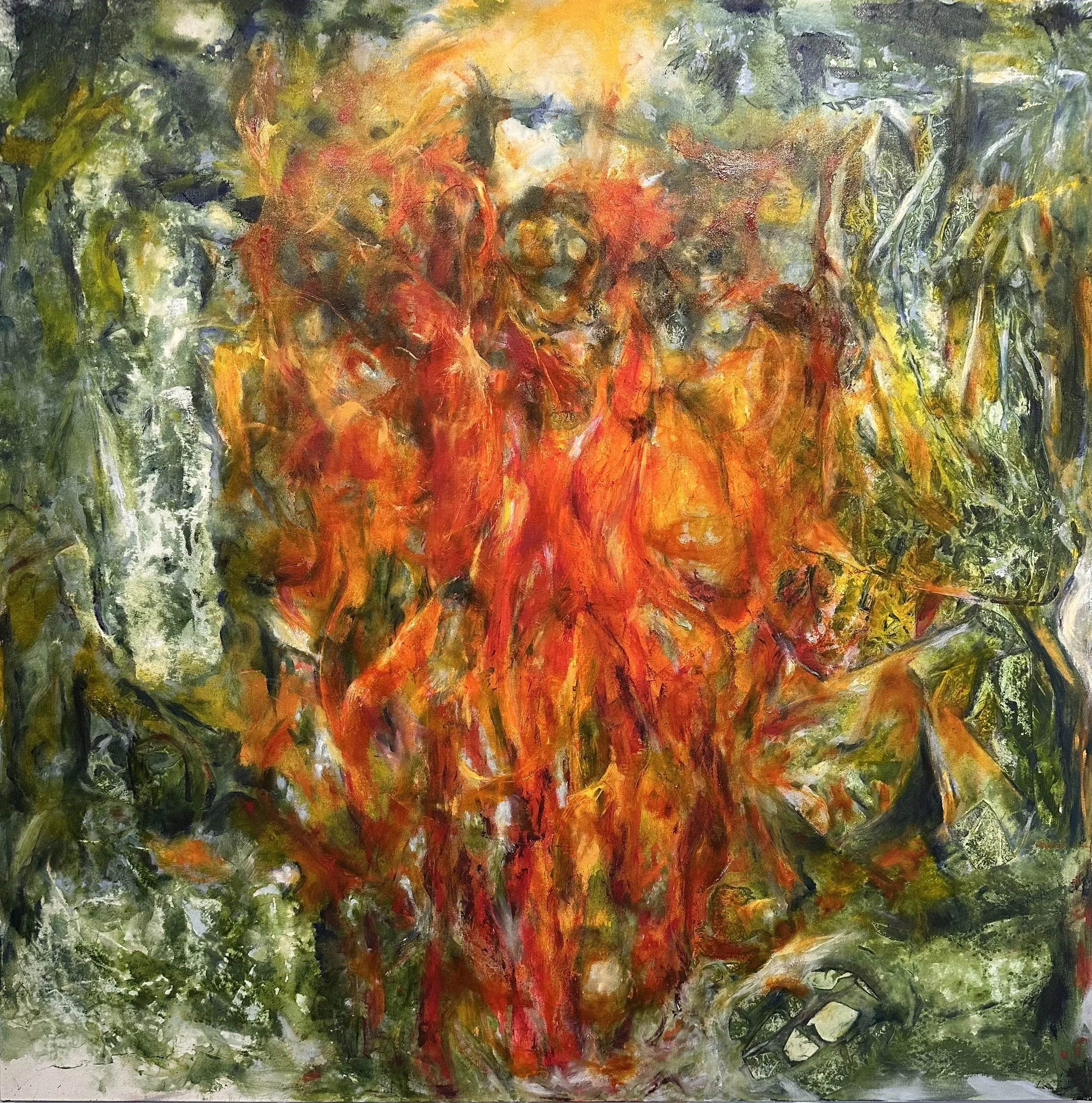 "Pentecost, 48x48 inch square abstract oil painting with orange and red flames rising through deep green botanical forms depicting spiritual transformation by RitaMarie Cimini