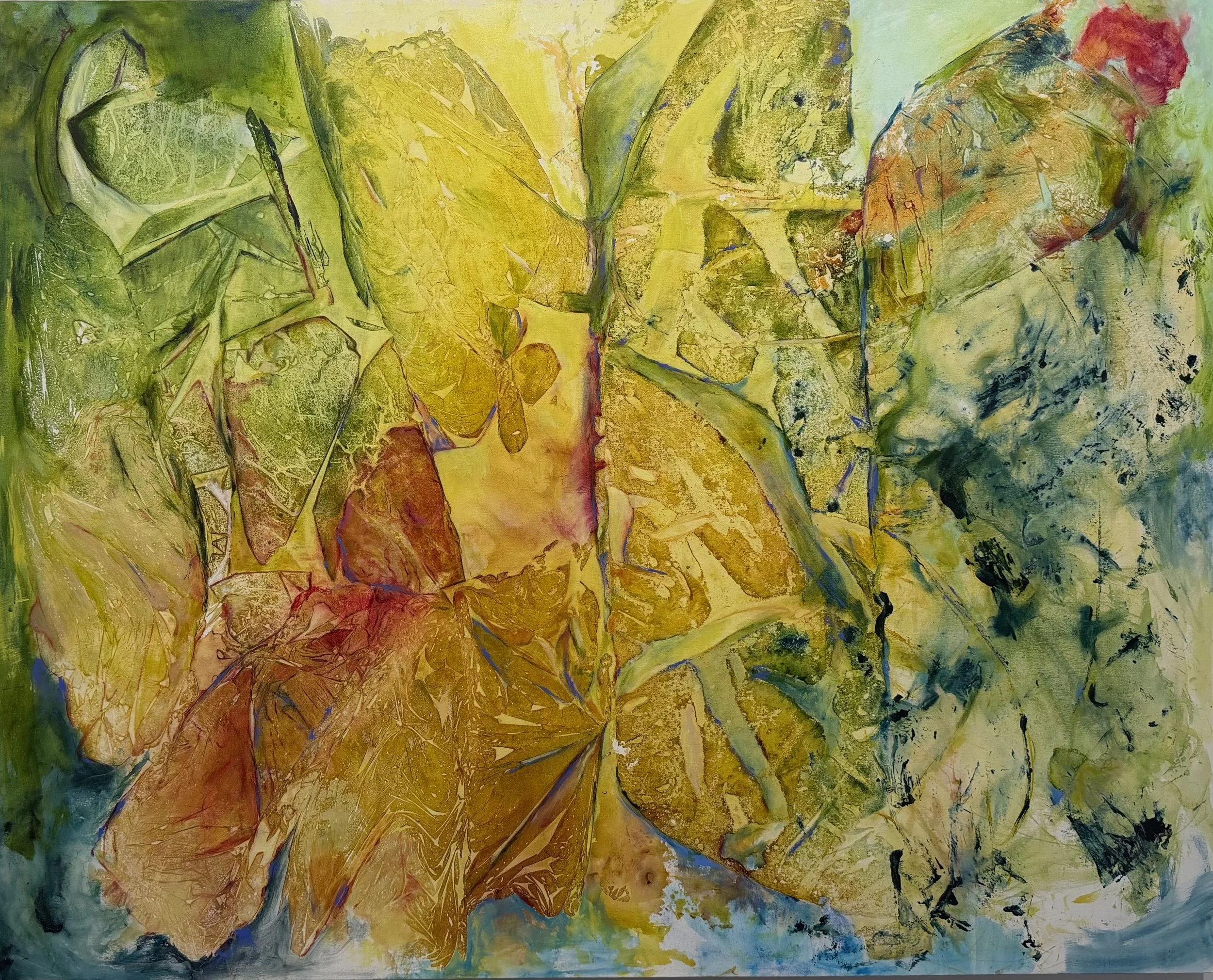 Matins 
Warm yellow-gold abstract painting with layered leaf-print marks, oil glazing over acrylic on canvas, 48 x 60 inches, by RM Cimini
June 2026
Acrylic and Oil on Canvas
48 x 60"