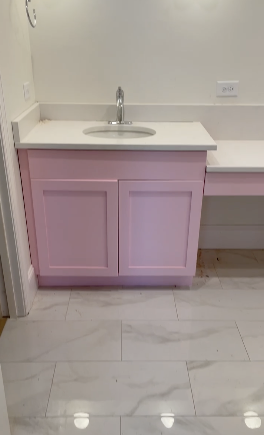 Bathroom before. Can you believe this was a multimillion dollar custom new build? Us either. Thank goodness my client took it over from the previous buyers who started this build..