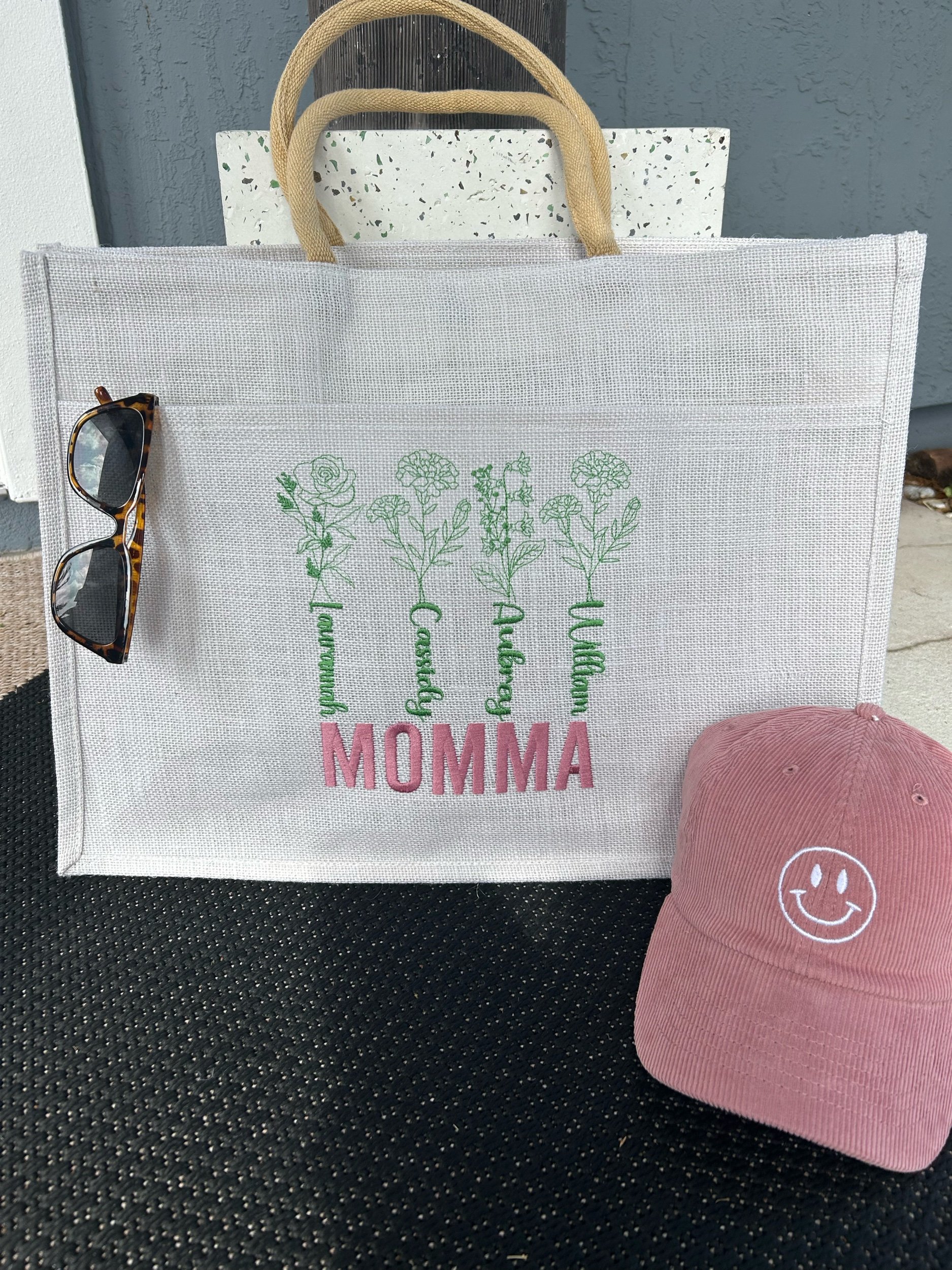 Embroidered Birth Flower & Name Tote Bags
