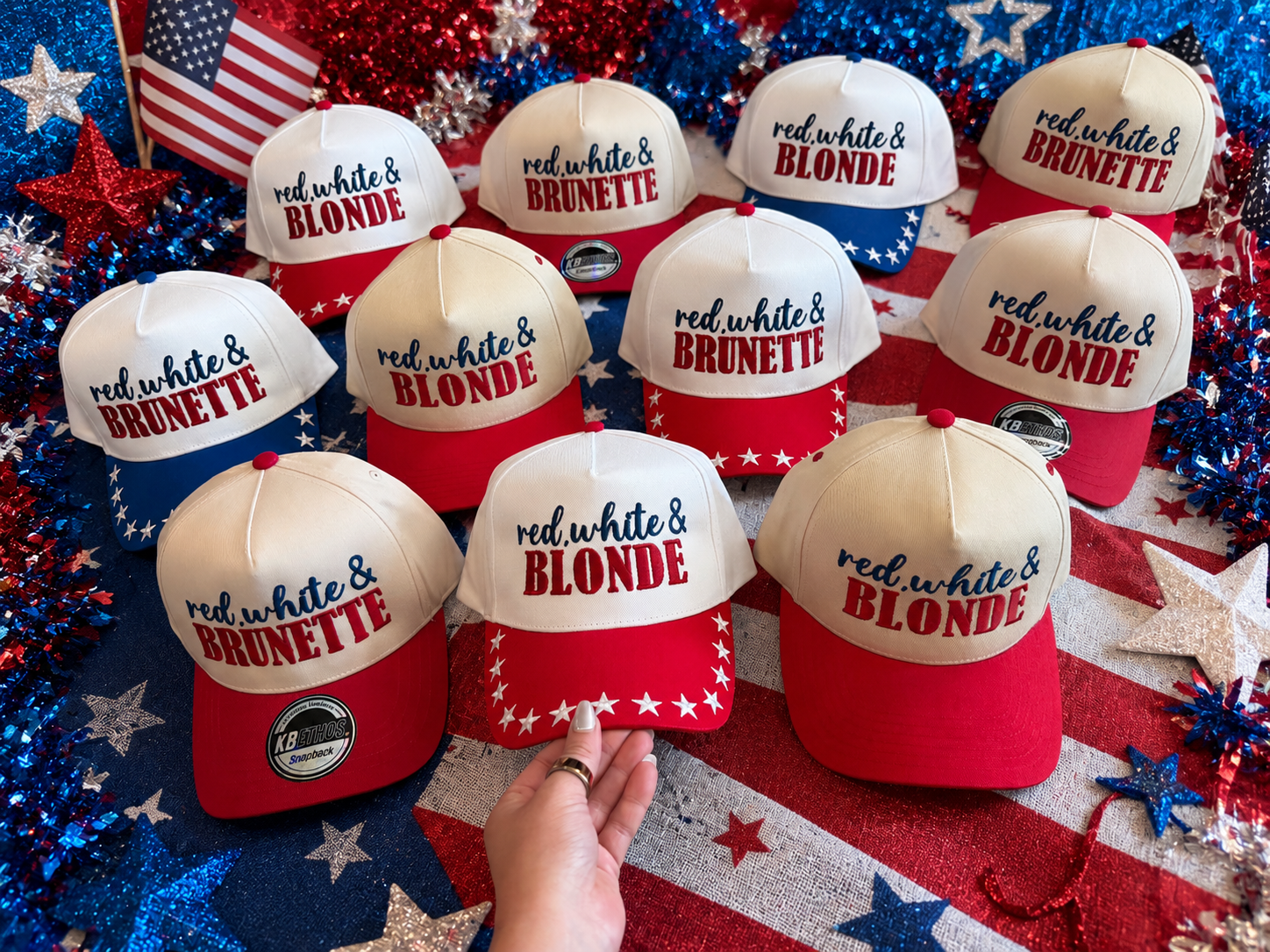 Embroidered Red, White & Blonde or Brunette Hat