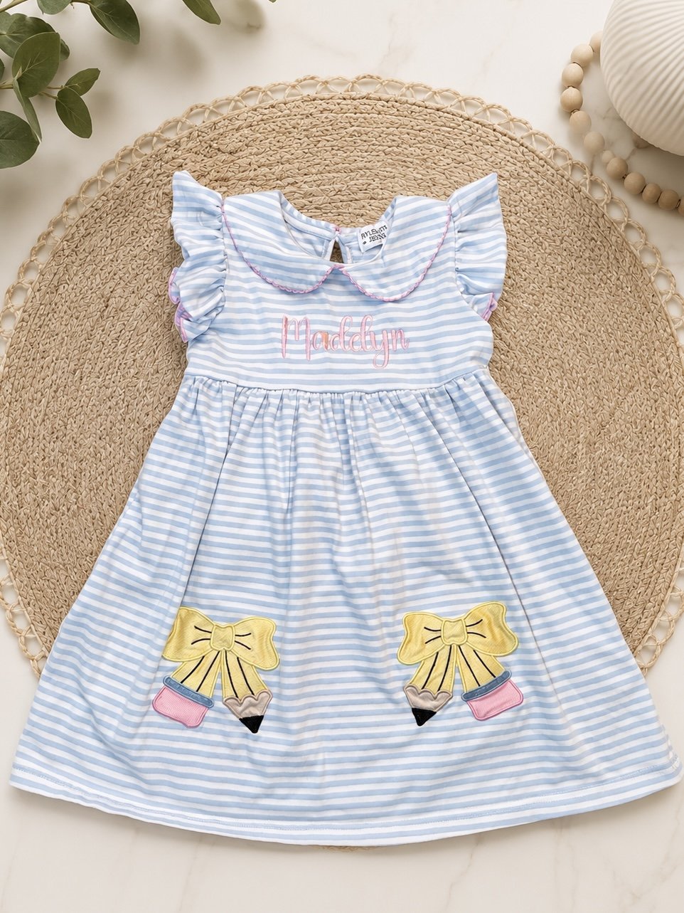 Stripe Pencil Applique Bow Dress