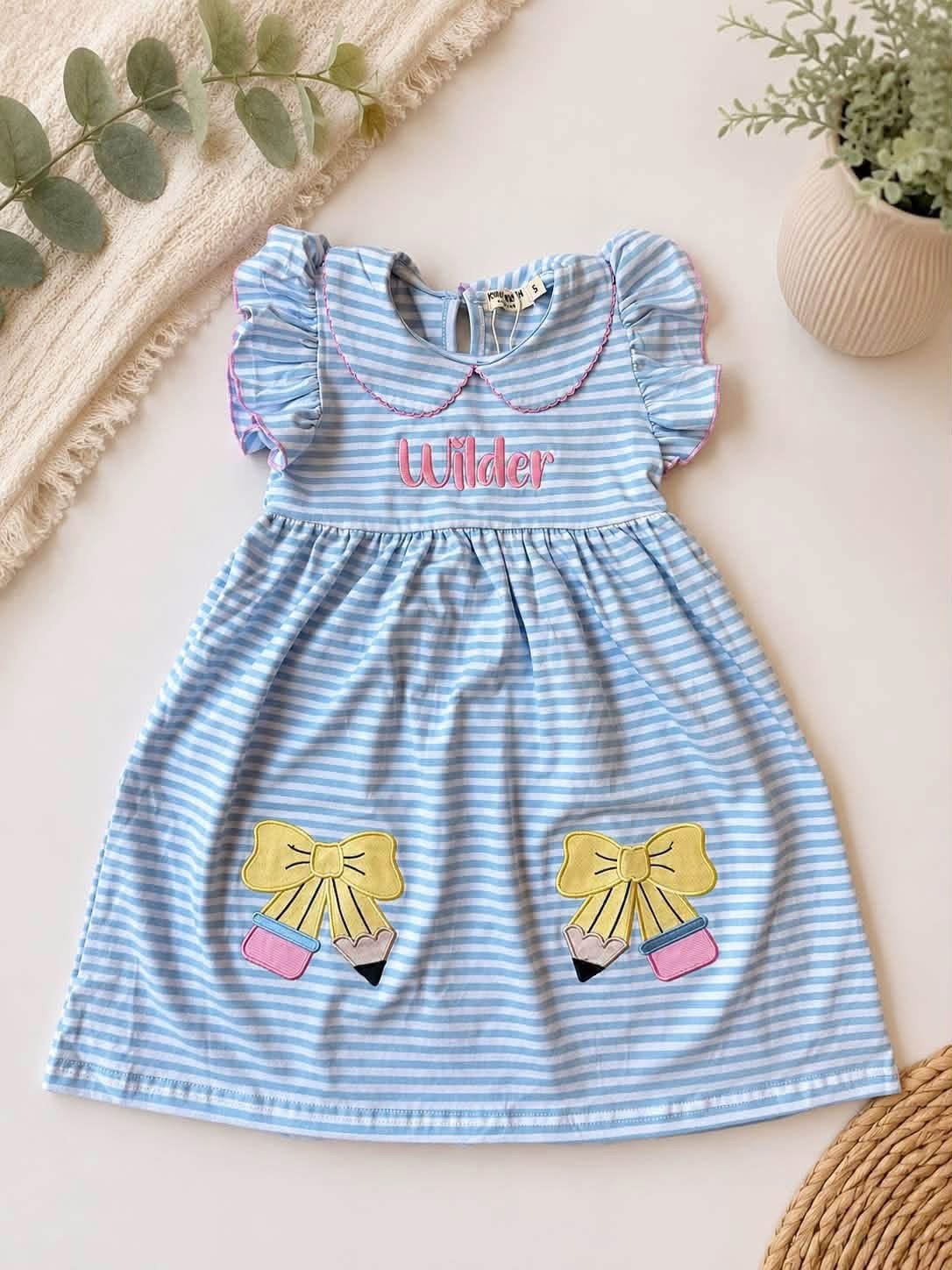 Stripe Pencil Applique Bow Dress