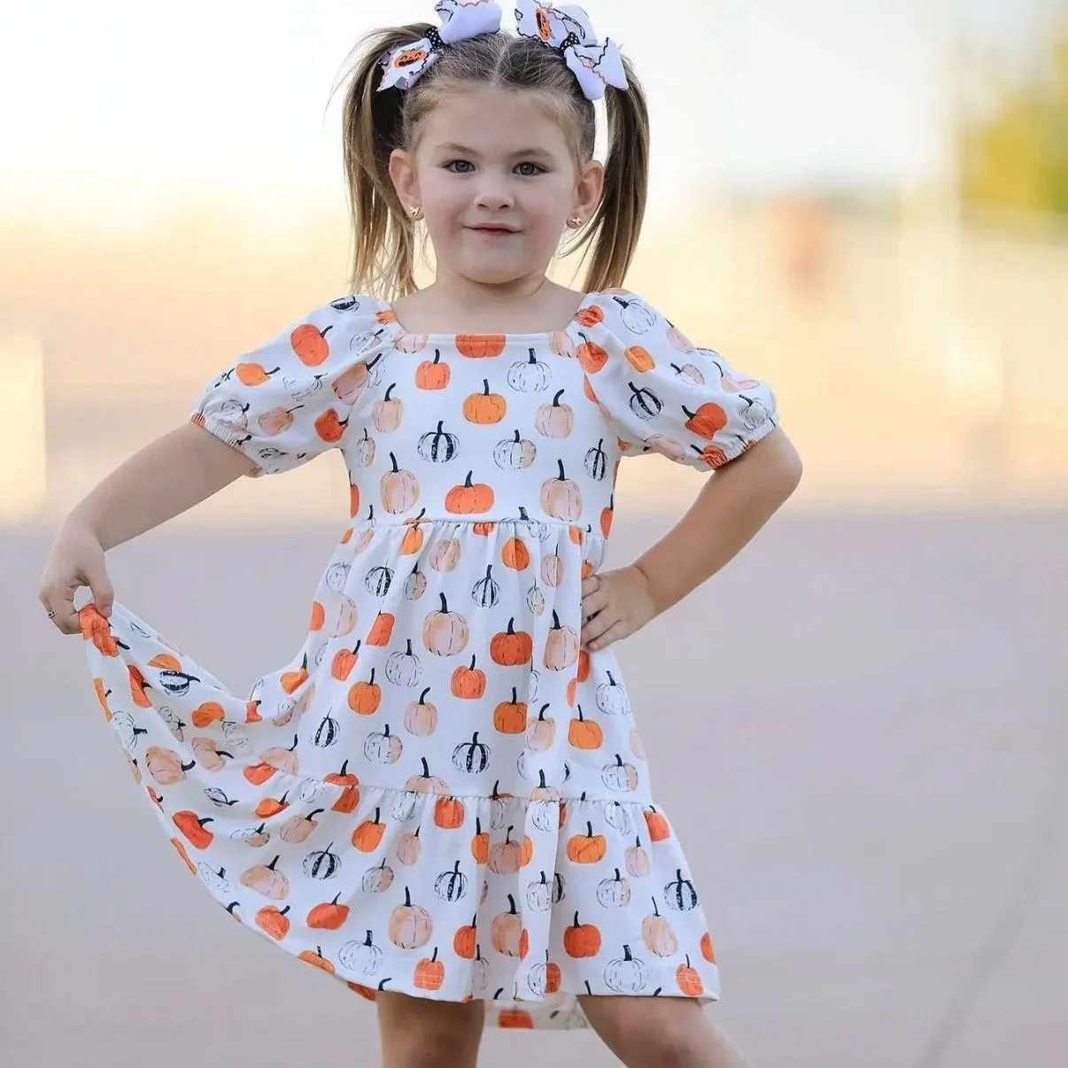 Fall Pumpkin Puff Sleeve Dress